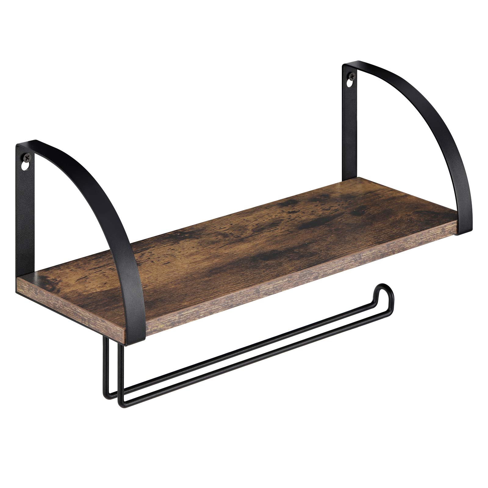 Atensils  Farmhouse Wall Mount Paper Towel Holder with Pine Wood Storage Shelf Hanging Roll Rack for Kitchen and Bathroom Rustic Brown
