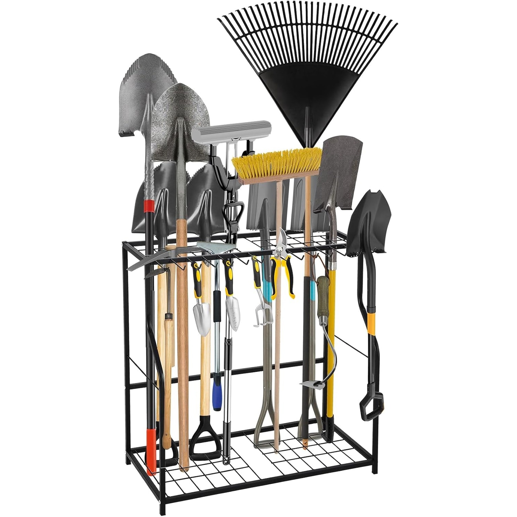 Garvee Garden Tool Organizer Rack Heavy-Duty Metal Yard Tool Rack with 2 Shelvesand14 Hooks Holds 43 Long-Handled Tools Rakes Shovels and Brooms Freestanding Tool Organizers and Storage for Yard Shed and Lawn
