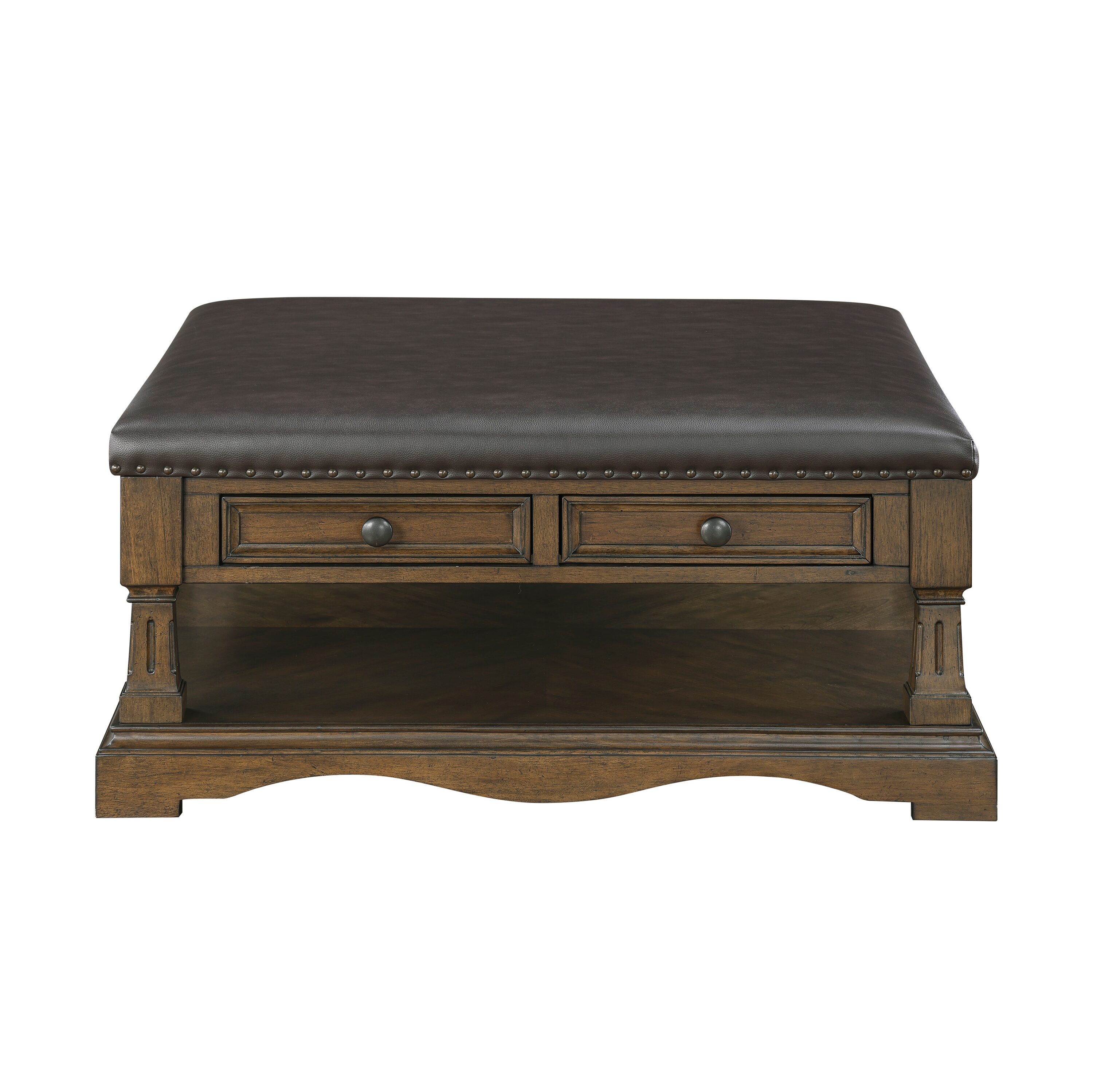 LUXEYARD Traditional Brown Finish Cocktail Table with 4 Storage Drawers ...
