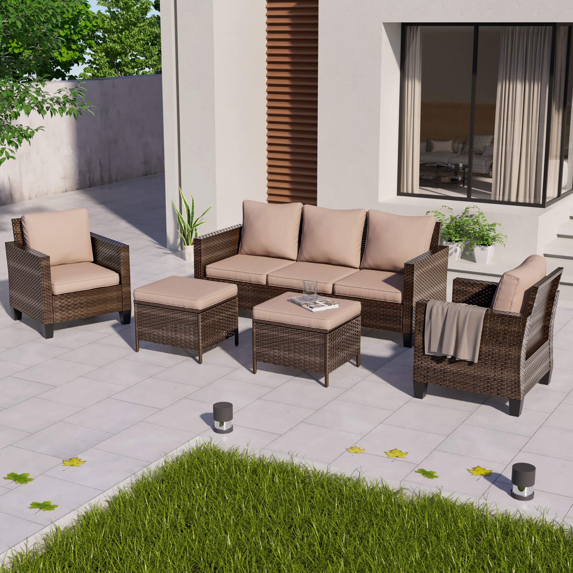 ACEGOSES LW-115BSD-T3 5 -Piece Wicker Patio Sofa Conversation Set with Tan Cushions