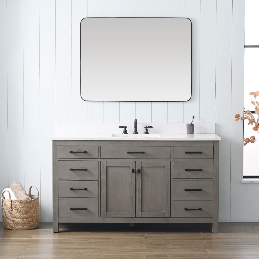 Sudio Design JASPER-60TG-S-E JASPER TEXTURED 60-in Textured Gray Undermount Single Sink Bathroom Vanity with Carrara White Engineered Stone Top