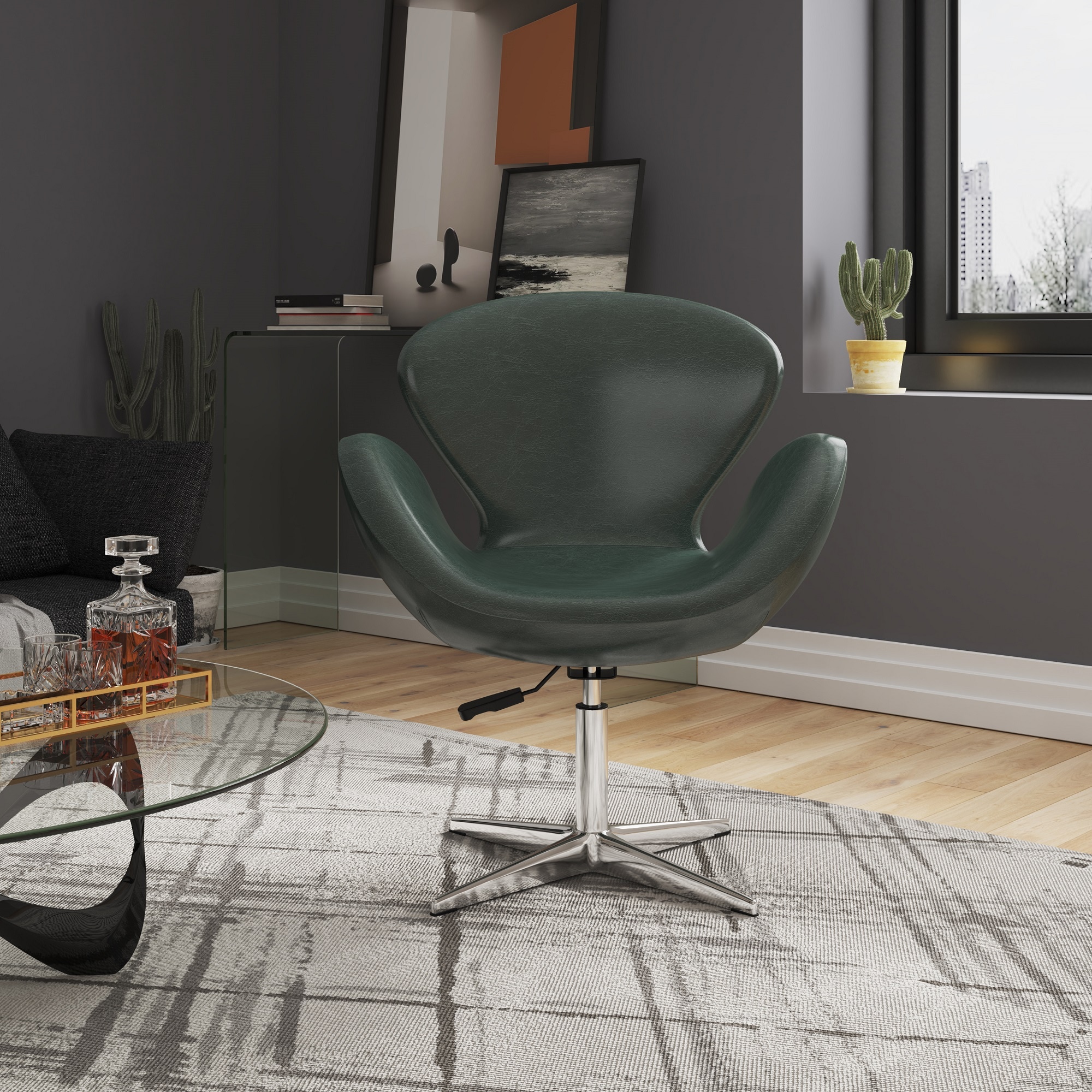Manhattan Comfort AC038-FG Raspberry Modern Forest Green and Polished Chrome Faux Leather Swivel Accent Chair