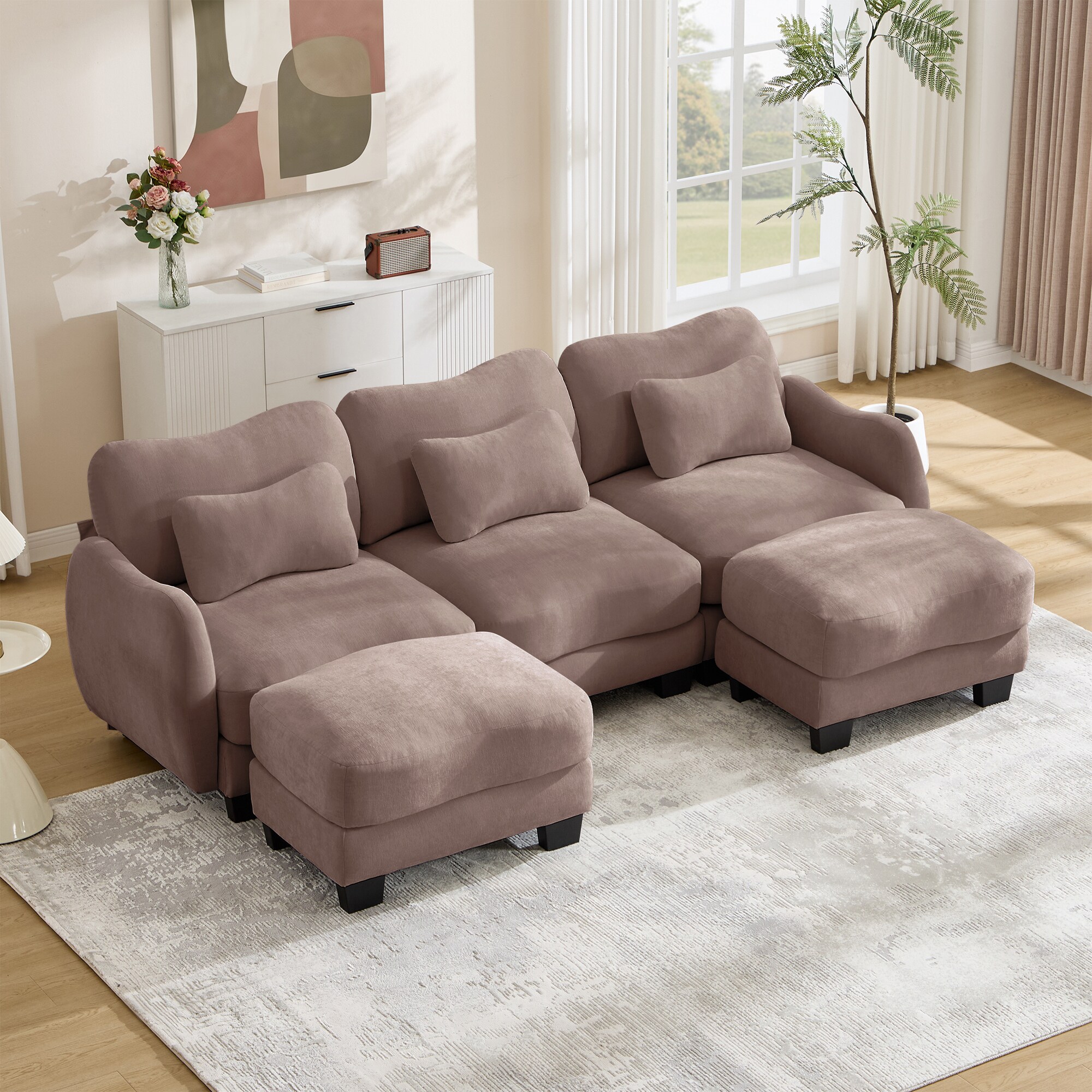 KTMBDW U-Shaped Modular Sofa Couch -Comfy Chenille Sofa with Pillows and 2 Movable Ottomans for Living Room and Bedroom (Rose Dust)
