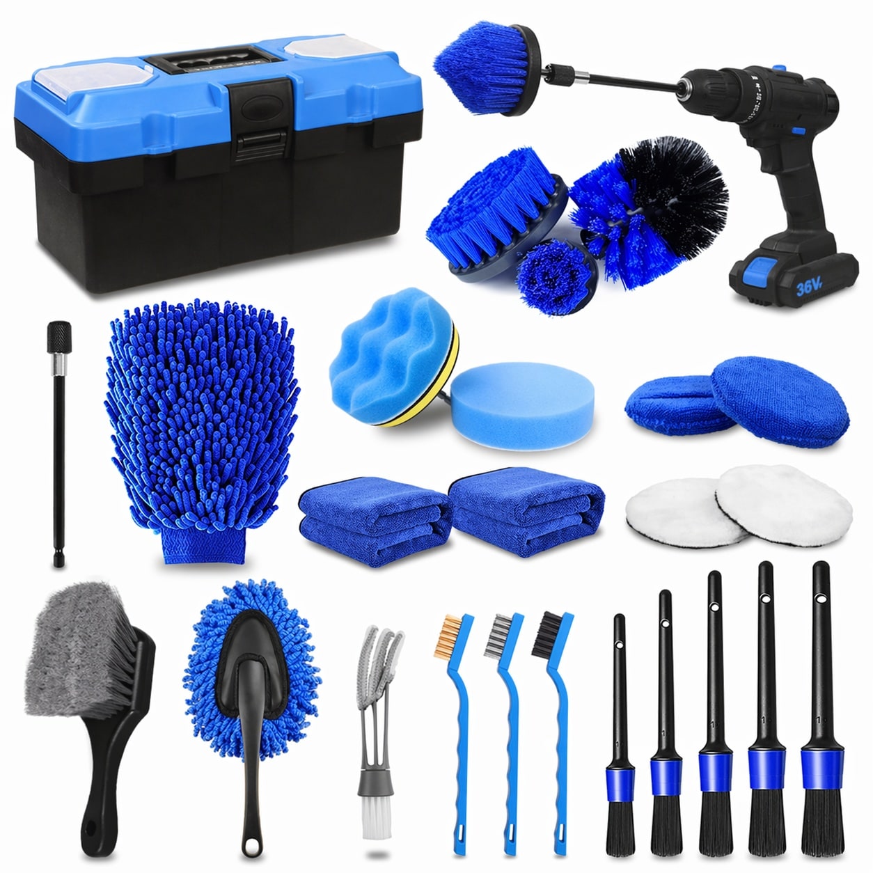 LAIFUCAM  27pcs Car Detailing Kit with Drill Brushes Detailing Brushes Wash Mitt Polishing Pads Towels for Interior Exterior Wheels