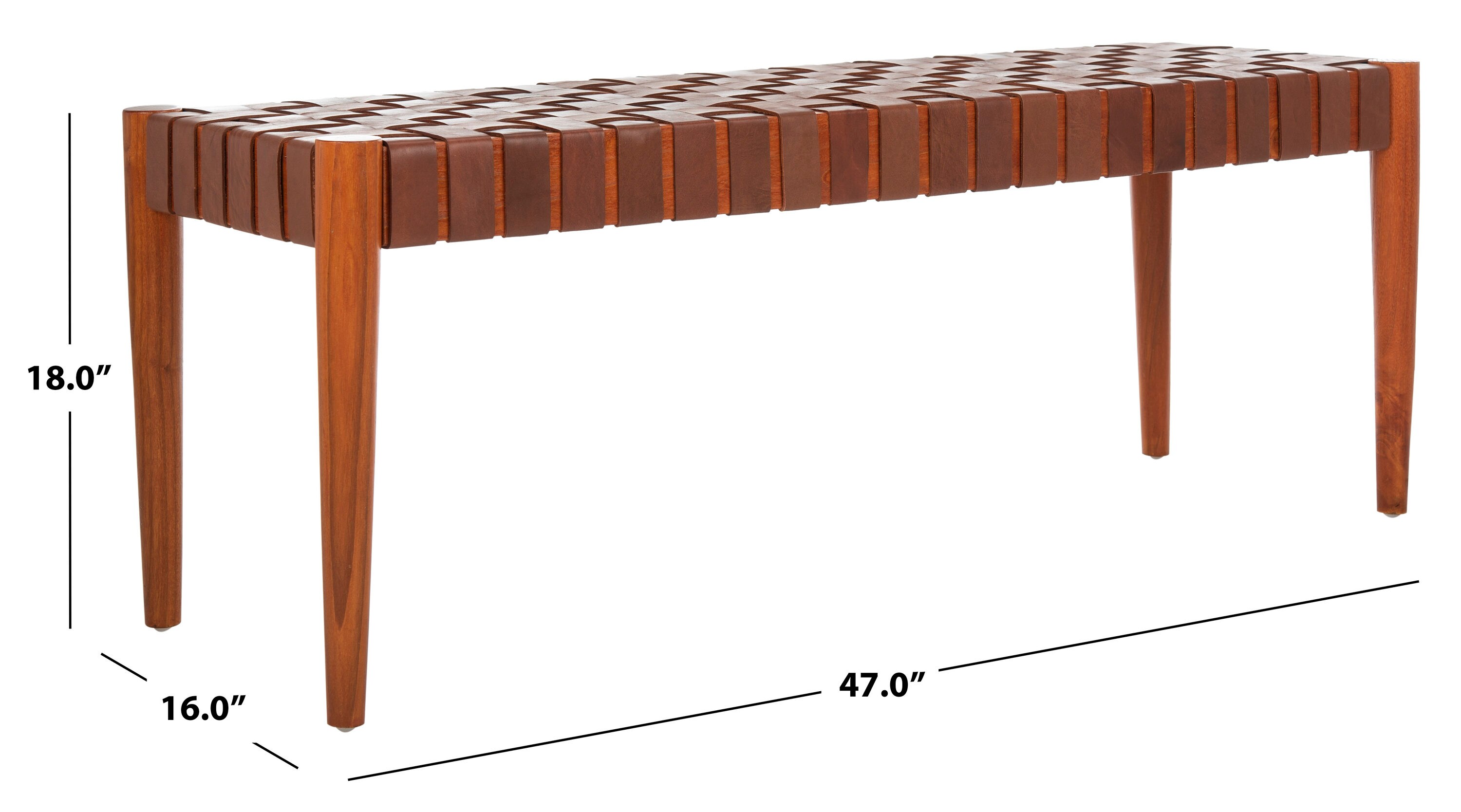 Amalia 47'' Cognac Leather and Dark Brown Mindi Wood Bench