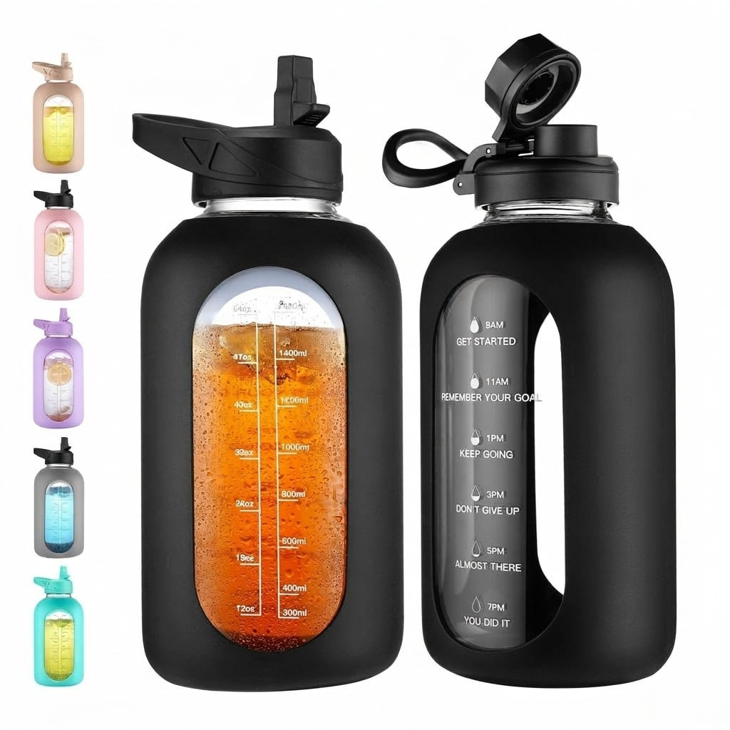 Justincity  64 oz Glass Water Bottle with Straw and Handle Half Gallon Motivational Water Jug with Time Marker Wide Mouth Silicone Sleeve Black
