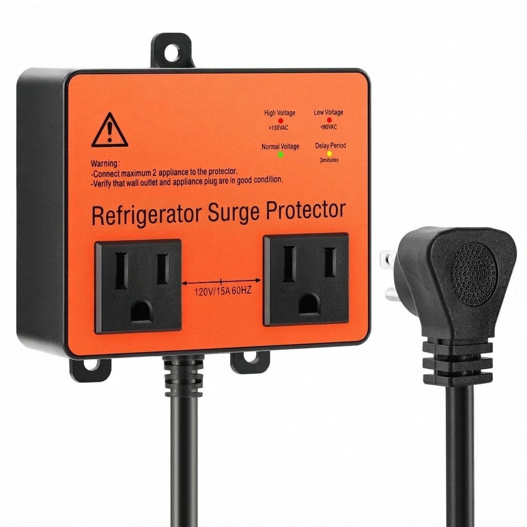 Oyezvary  Double Outlet Surge Protector for Refrigerator and Appliances 3 Minute Delay Protects from High Low Voltage Surges Fluctuations 1 Piece