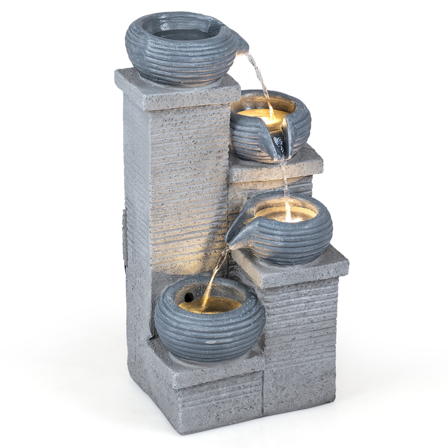 Slickblue - 4 Tier Gray Fountain 23H Water Feature with LED Lights and Cascading Flow for Patio G...