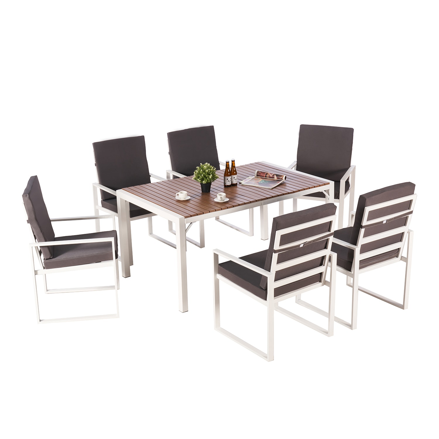 Bybafun YB0600005 7 -Piece Antique White Patio Dining Set Steel Rectangle Table with 6 Gray Cushions Stationary Chairs