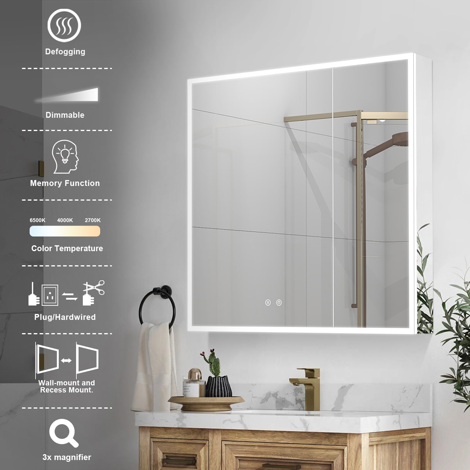 Forclover Dimmable Mirrored LED Bathroom Medicine Cabinet 30-in x
