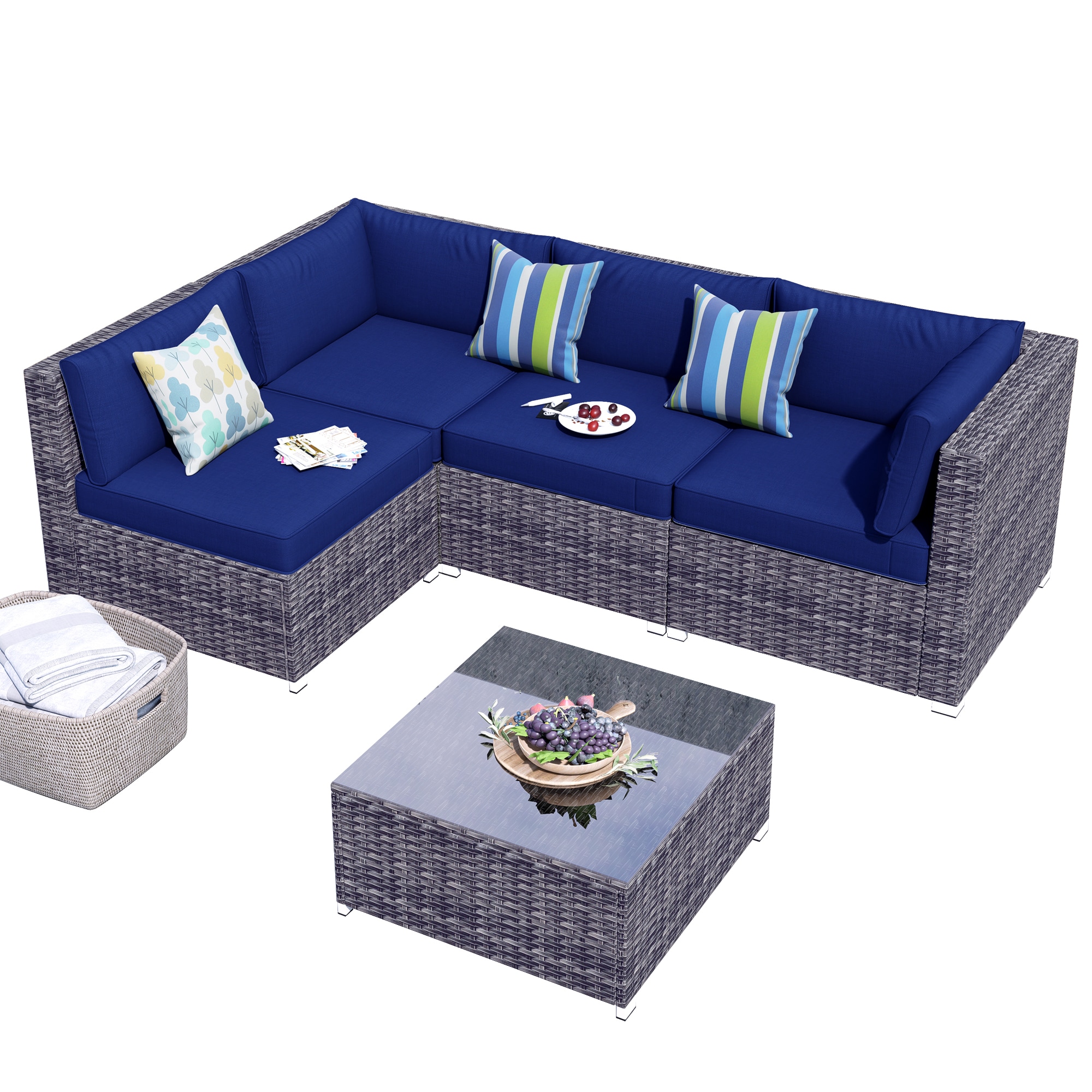 Pouuin SHOP7-BOX1N2 5 -Piece Wicker Patio Sofa Conversation Set with Navy Cushions