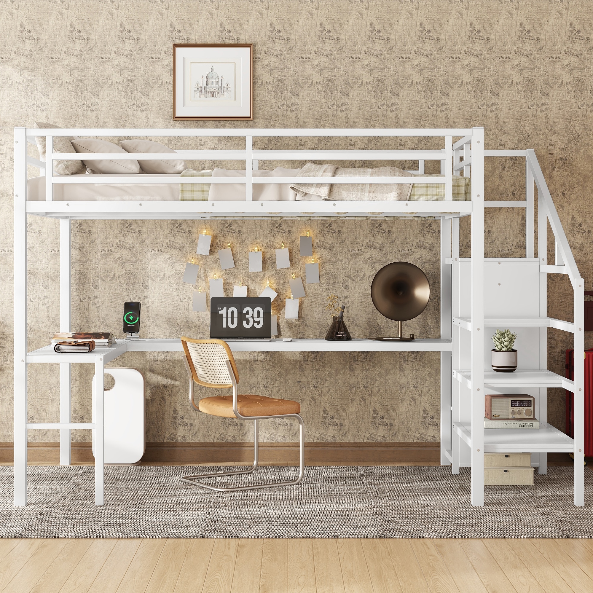 Bellemave Full Size Loft Bed with Desk and Storage Stairs Mental Loft Bed Frame with LED Lights Charging Station and Wardrobe for Adults Teen Kids No Spring Box Needed and Noise-free Off White