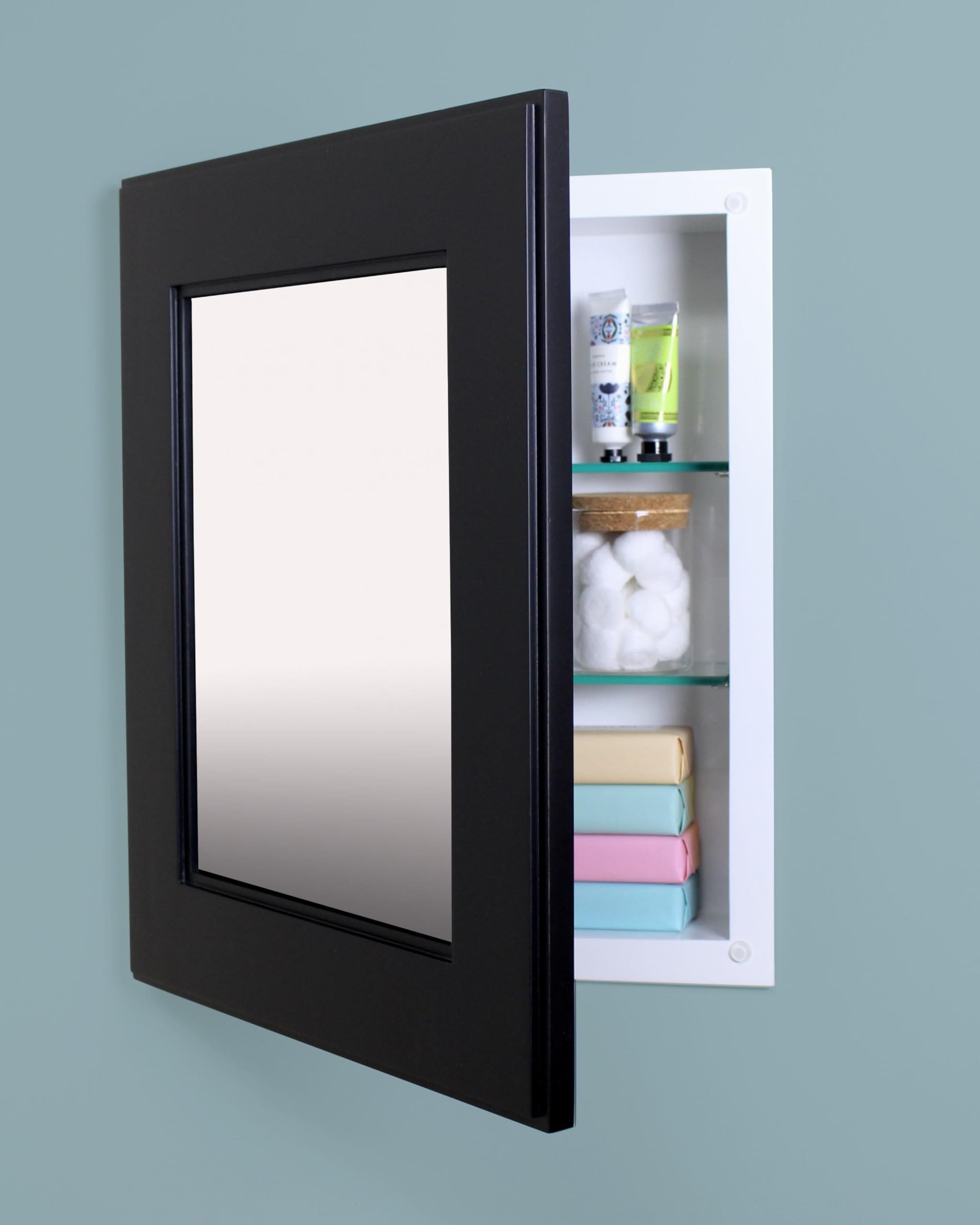 Fox Hollow Furnishings - 14x18 Mirrored Recessed Wood Bathroom Medicine Cabinet - Shaker Black