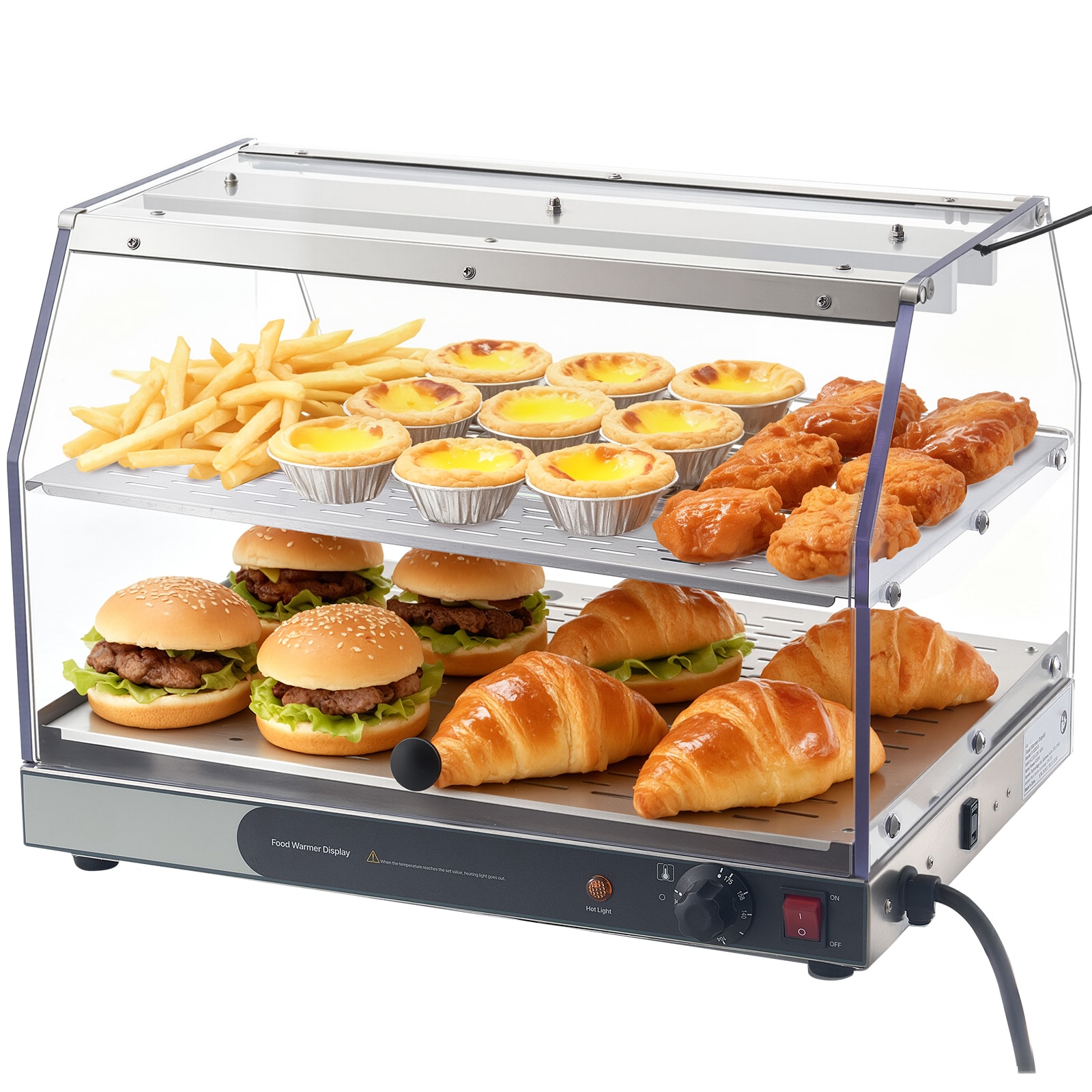 VEVOR SCTMTYZSJYS214899V1 2-Tier Commercial Food Warmer Display 450W Food Display Warmer with Light Detachable Shelves and Double-Sided Door Design 85 degrees Fahrenheit - 185 degrees Fahrenheit Air Heating 48L for Hamburger Pizza Bread Fried Chicken