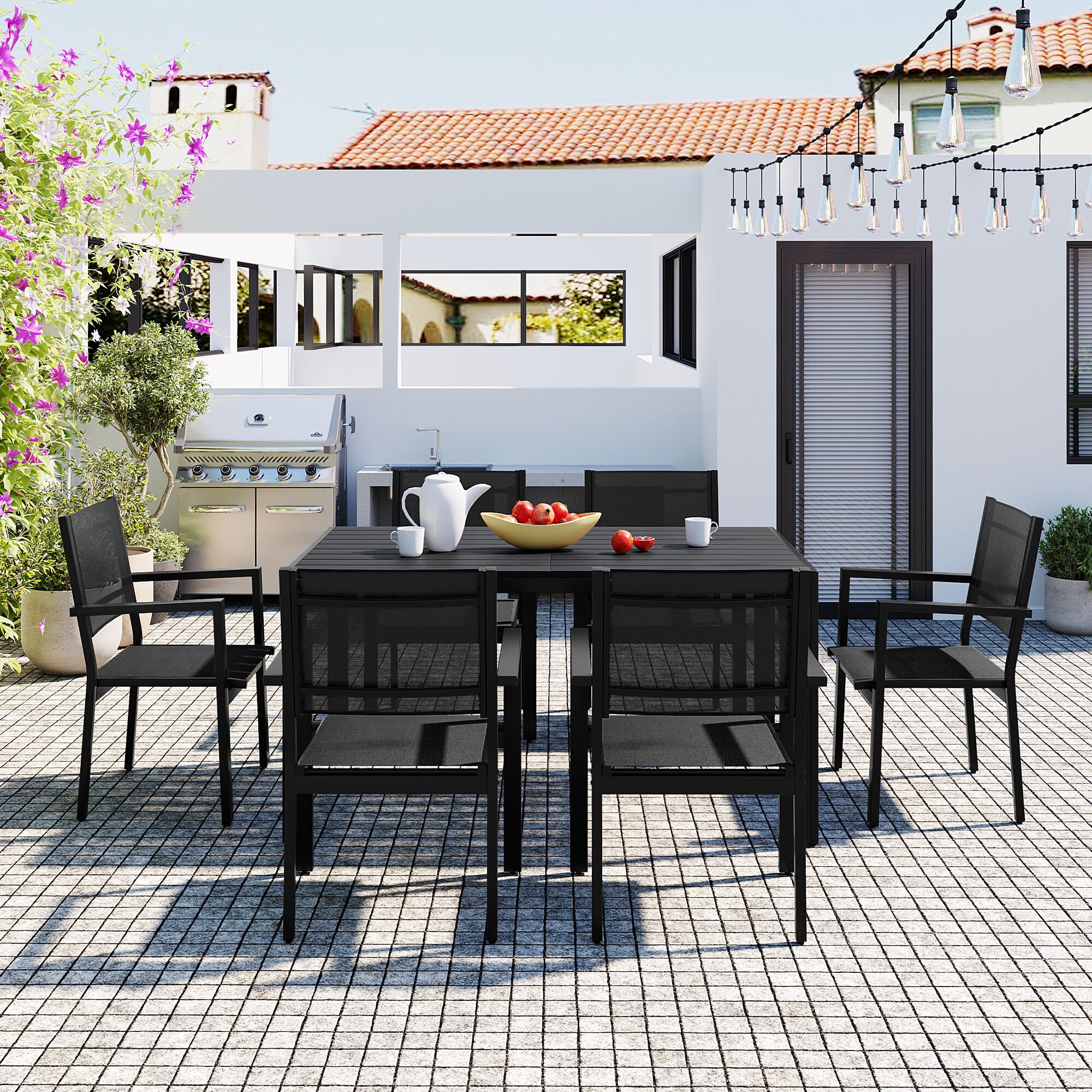 Black Steel 7-Piece Outdoor Dining Set with Cushions