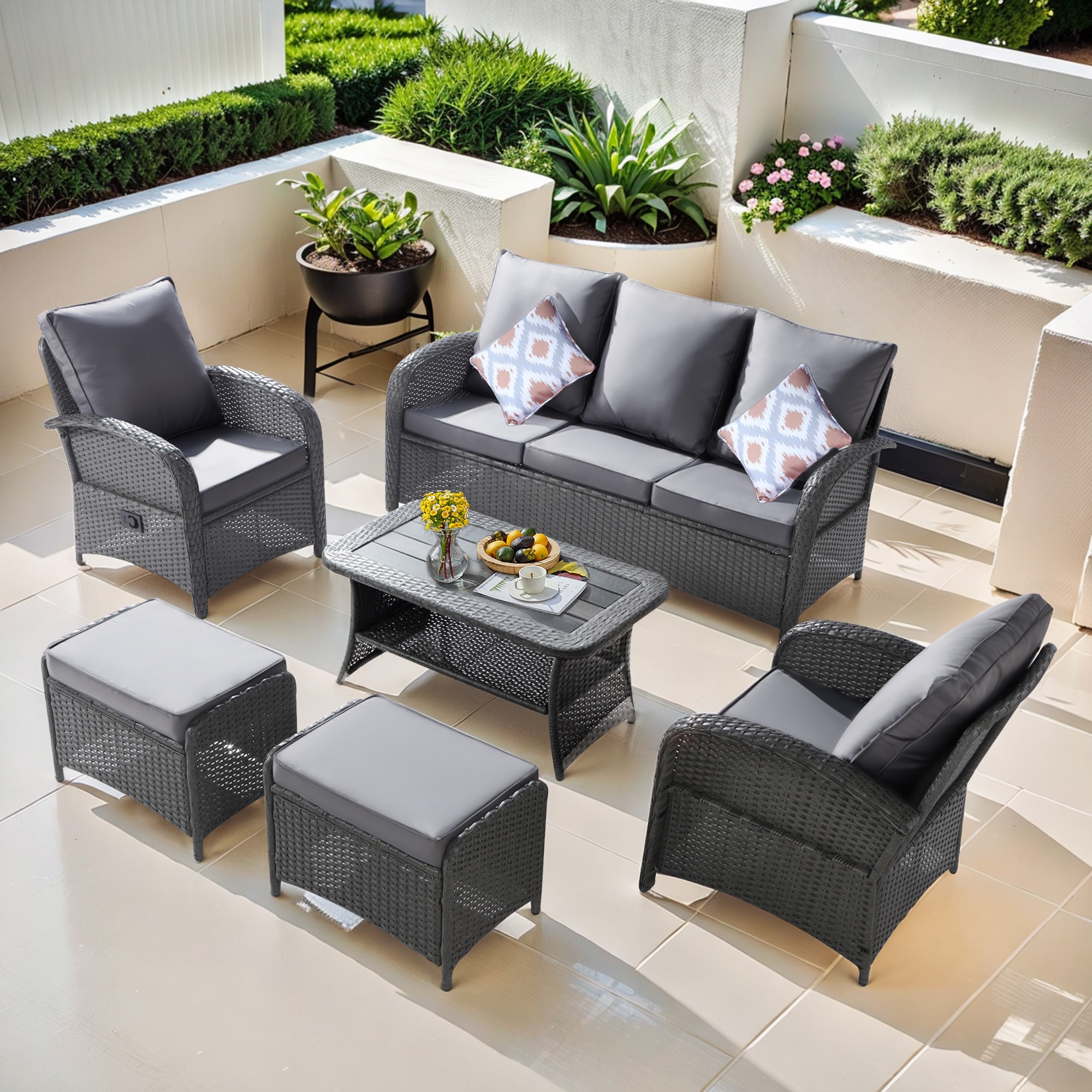 NOBLEMOOD LS-2032GR Patio Conversation Sets 6 -Piece Rattan Patio Sofa Conversation Set with Gray Cushions