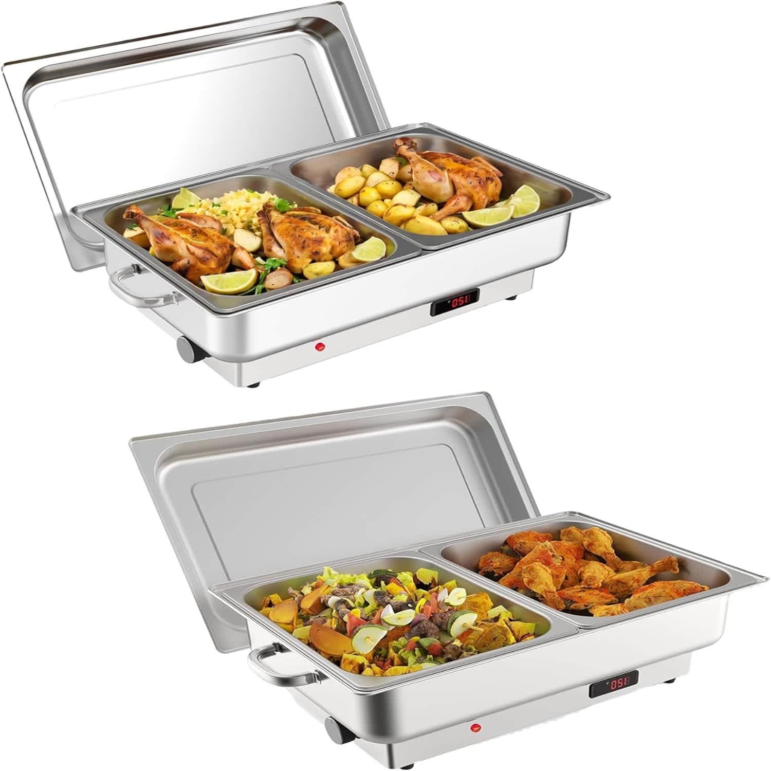 Qeetex LSHQPHO-1654AG7V 9QT Electric Chafing Dish Set (2-Pack) - Stainless Steel Warmer with 4 Half-Size Pans