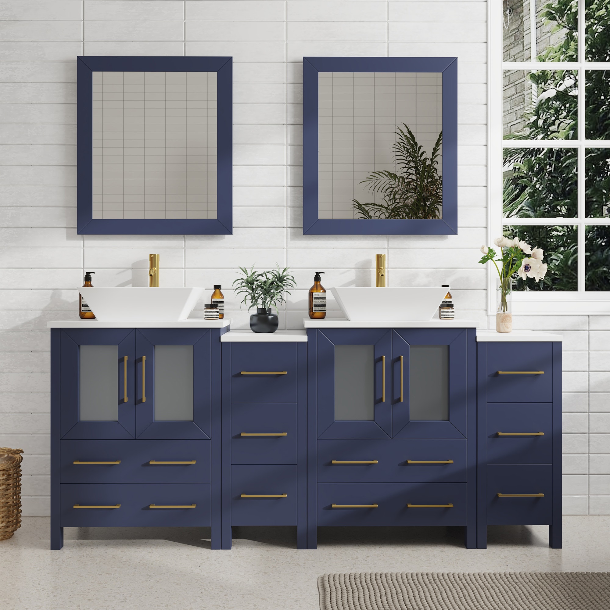 Vanity Art VA3124-72B Ravenna 72-in Blue Double sink Bathroom Vanity with White Engineered marble Top (Mirror Included)
