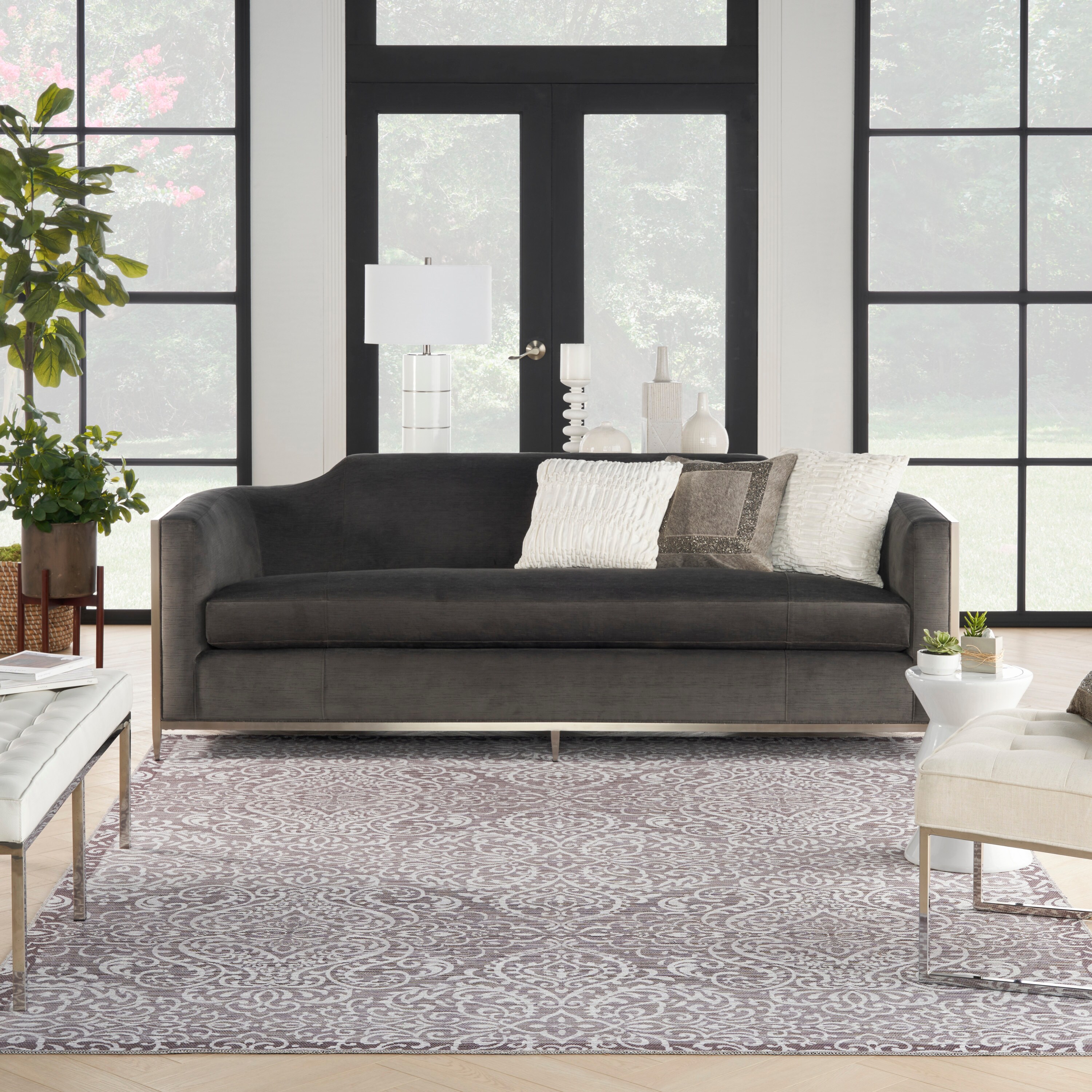 Stone Gray Damask Washable Chenille Area Rug 7'10" x 9'10"