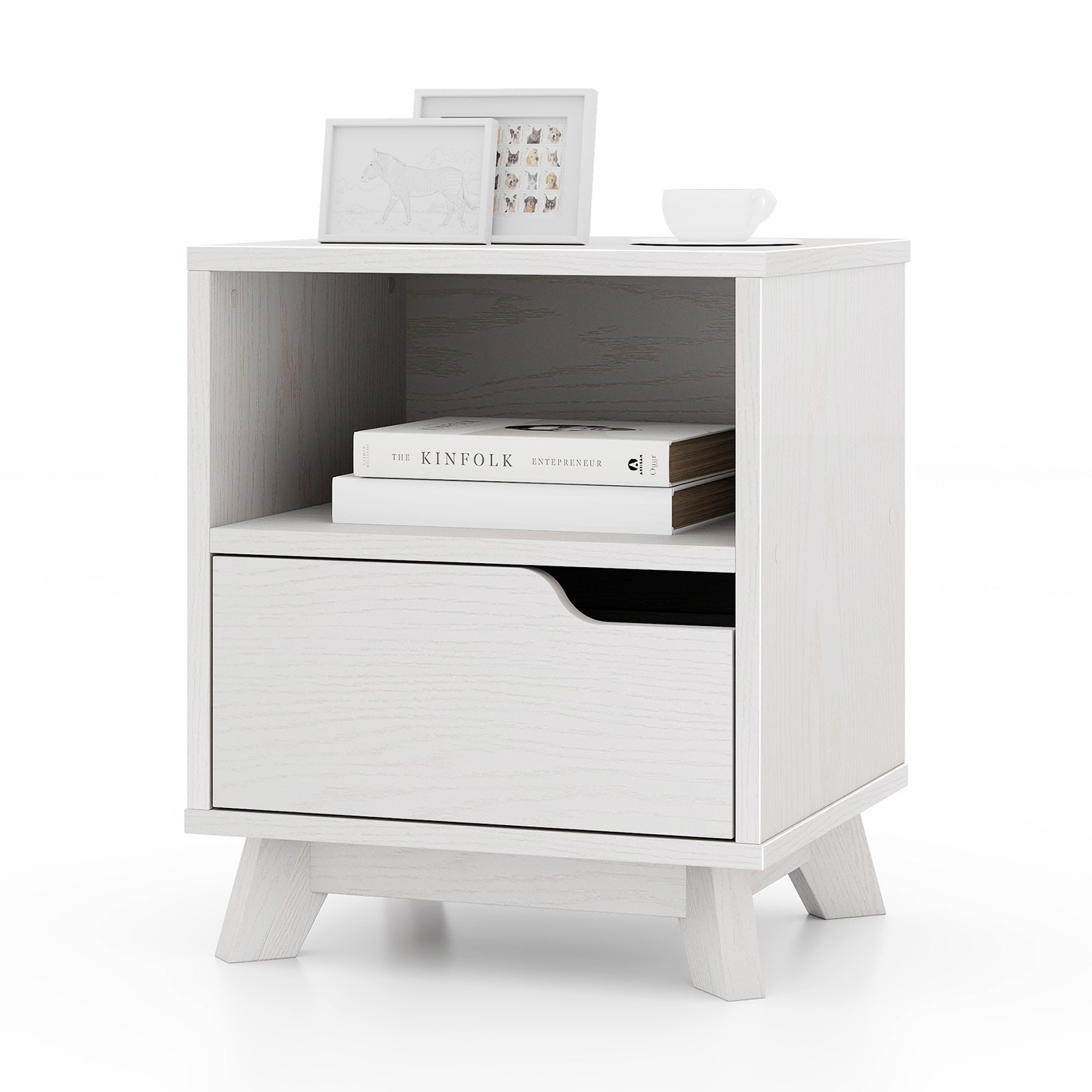 Slickblue D-CO-HW17411VJ Modern White Engineered Wood Nightstand with Drawer and Open Shelf for Bedroom Living Room or Study