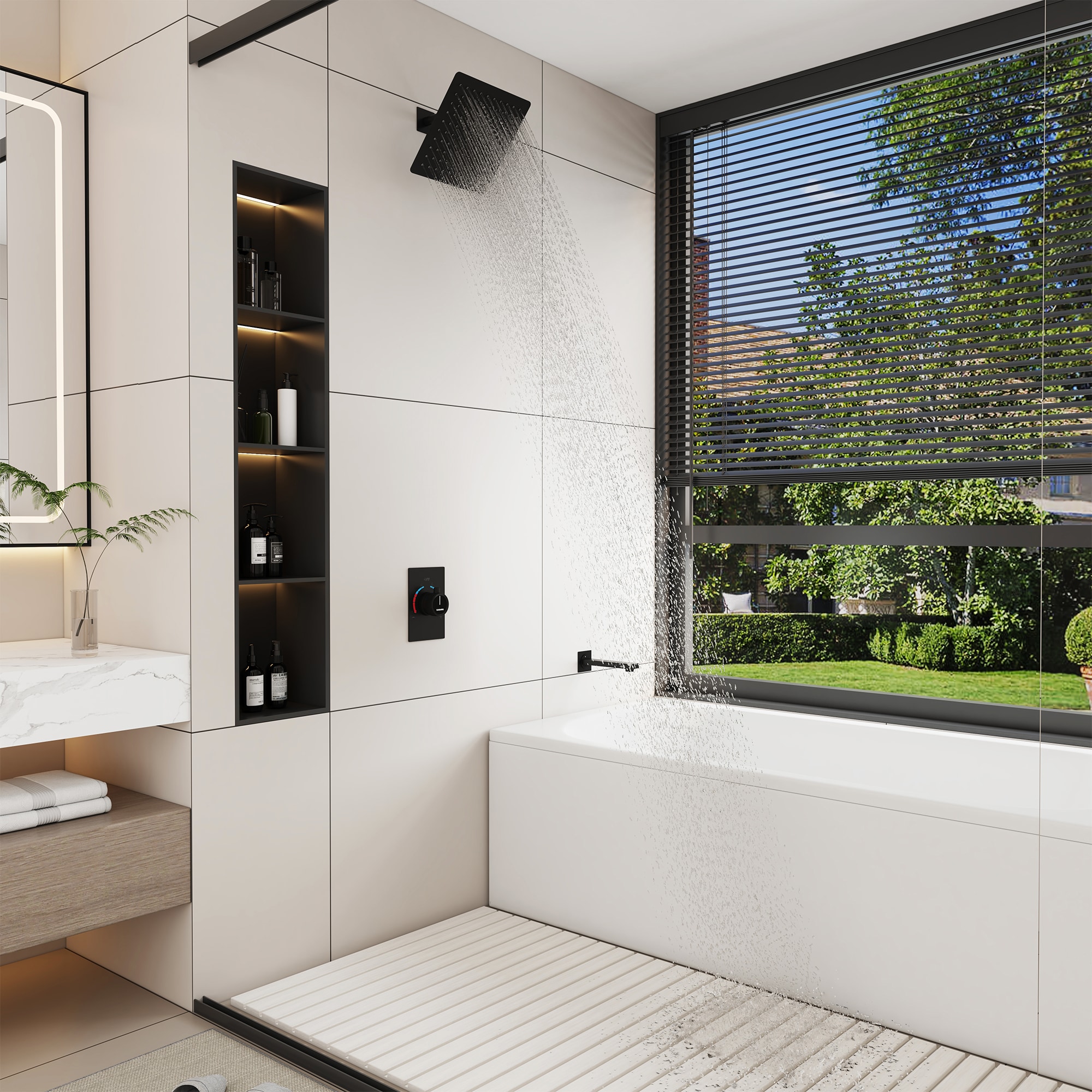Matte Black Large Square Rainfall Wall Mounted Shower System