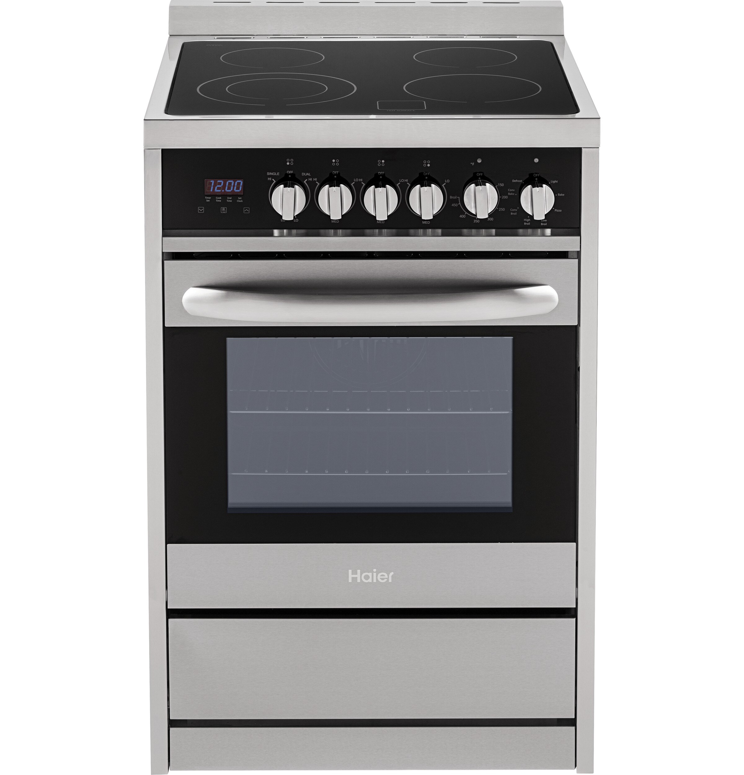Haier HCR2250AES 24-in Glass Top 4 Elements 2-cu ft Convection Oven Freestanding Electric Range (Stainless Steel)