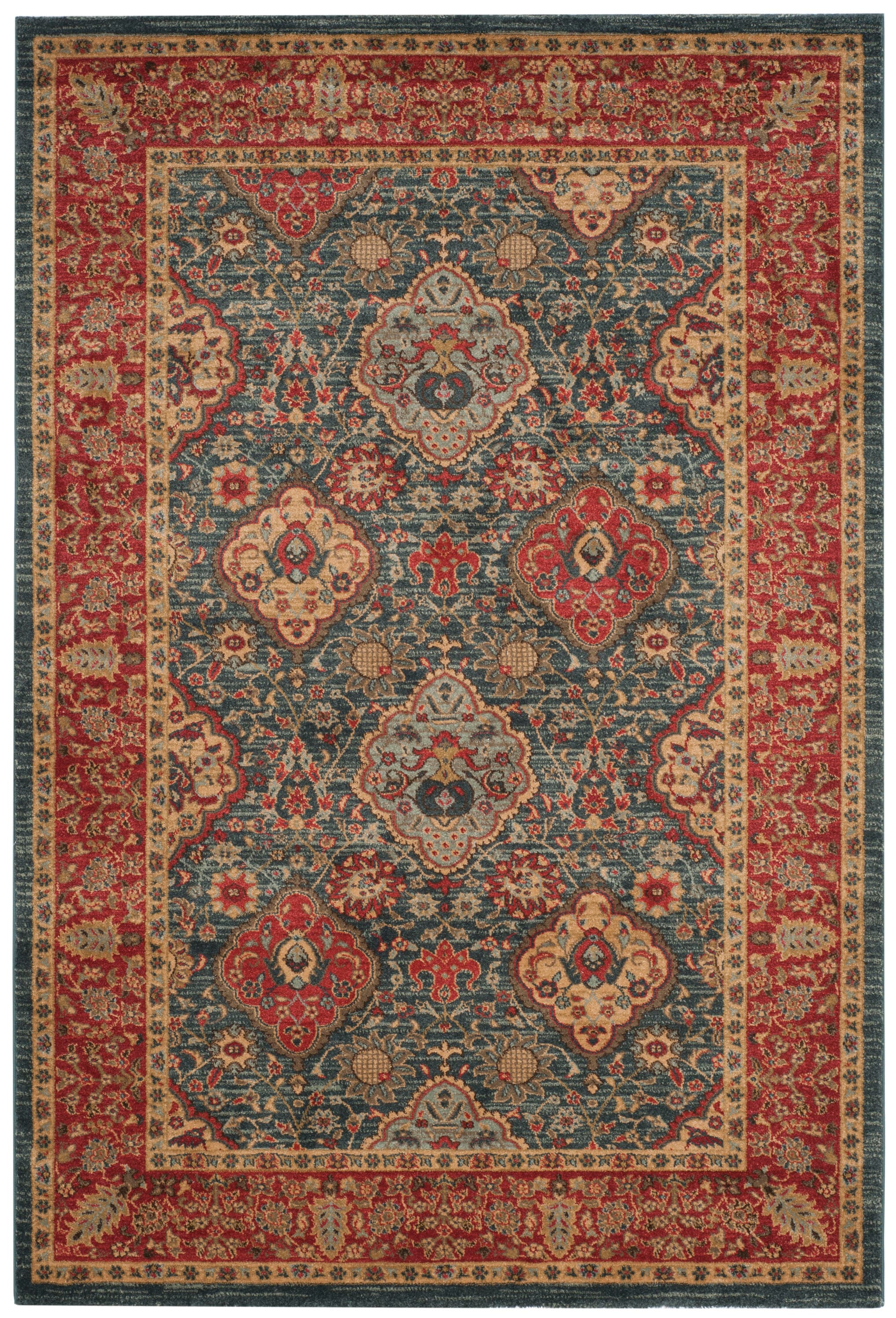 Red and Navy Floral Synthetic Rectangular Area Rug