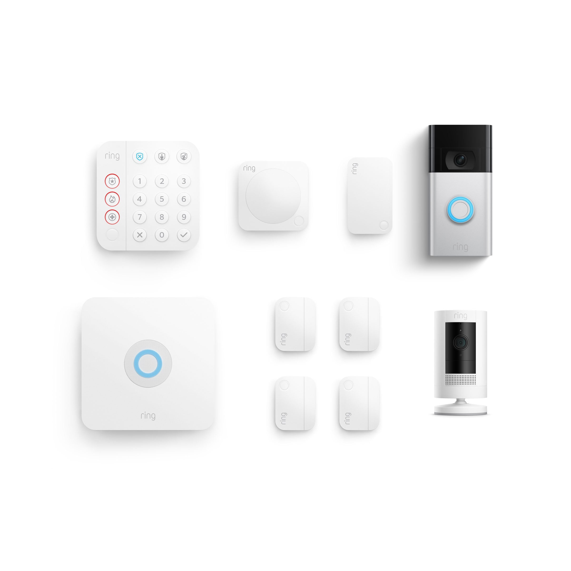 Ring Video Doorbell - Satin Nickel + Stick Up Cam Battery White + Alarm 8pc Kit Bundle