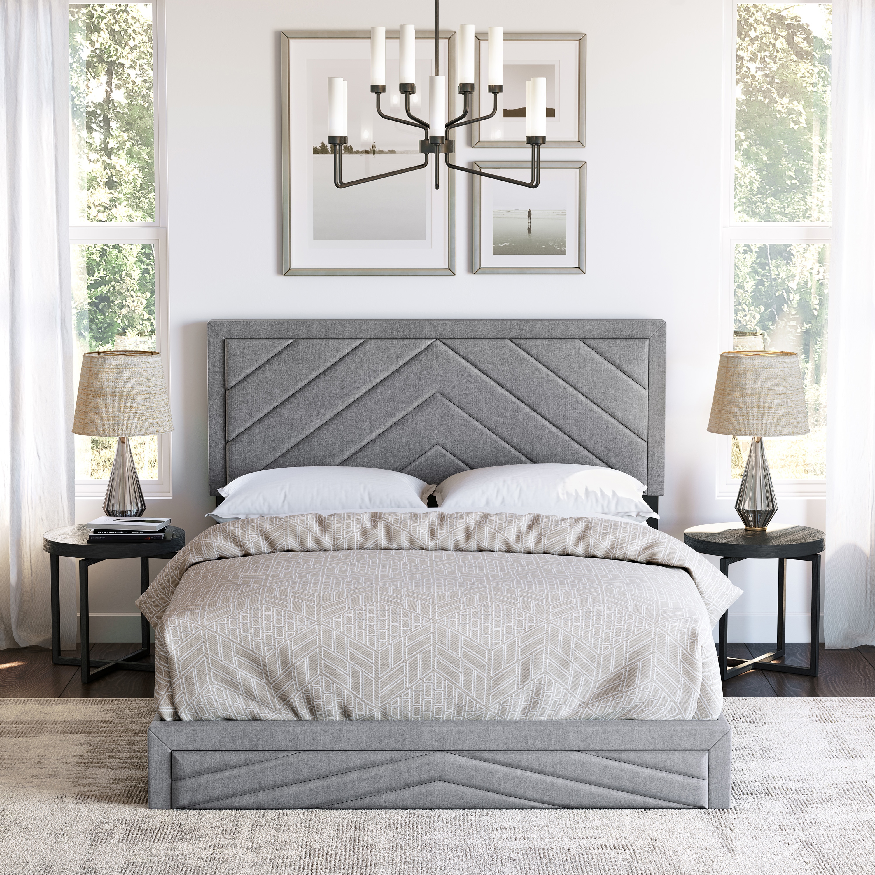 Boyd Sleep HC203703403 Barcelona Linen Upholstered Platform Bed Frame with Chevron Patterned Headboard- Sturdy 14 Slat Wood Support System- No Box Spring Required