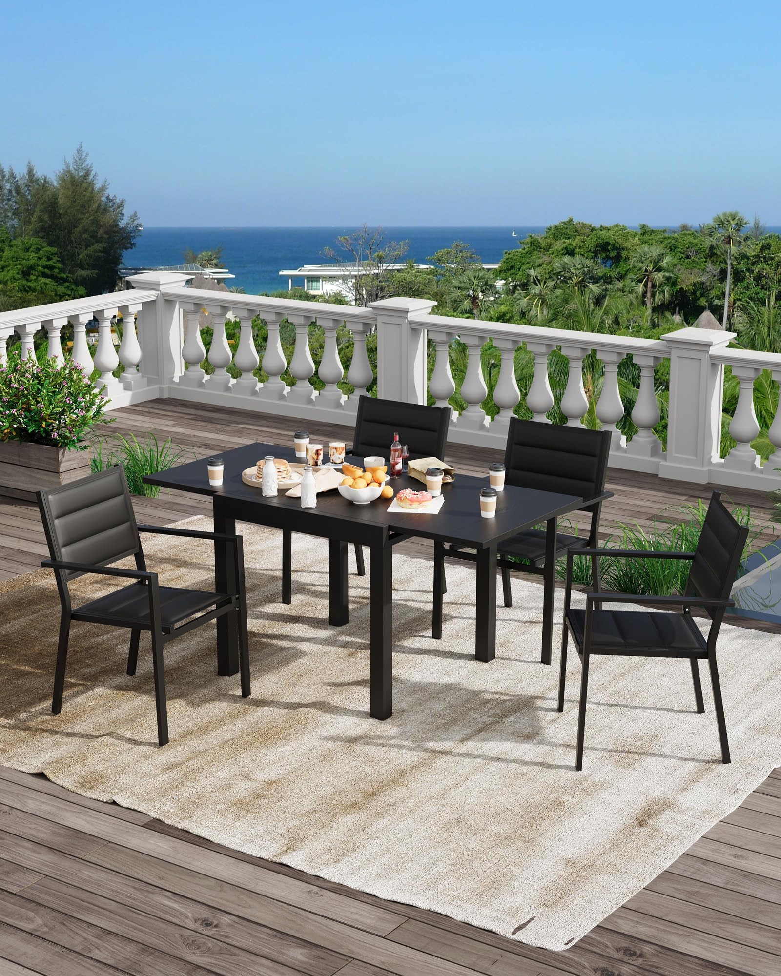 63 Inch Expandable Outdoor Dining Table Set Iron Plate Wood Grain Design Rectangular Table For 4-6 People Dark Gray Color For Porch Deck Garden And Pool Use