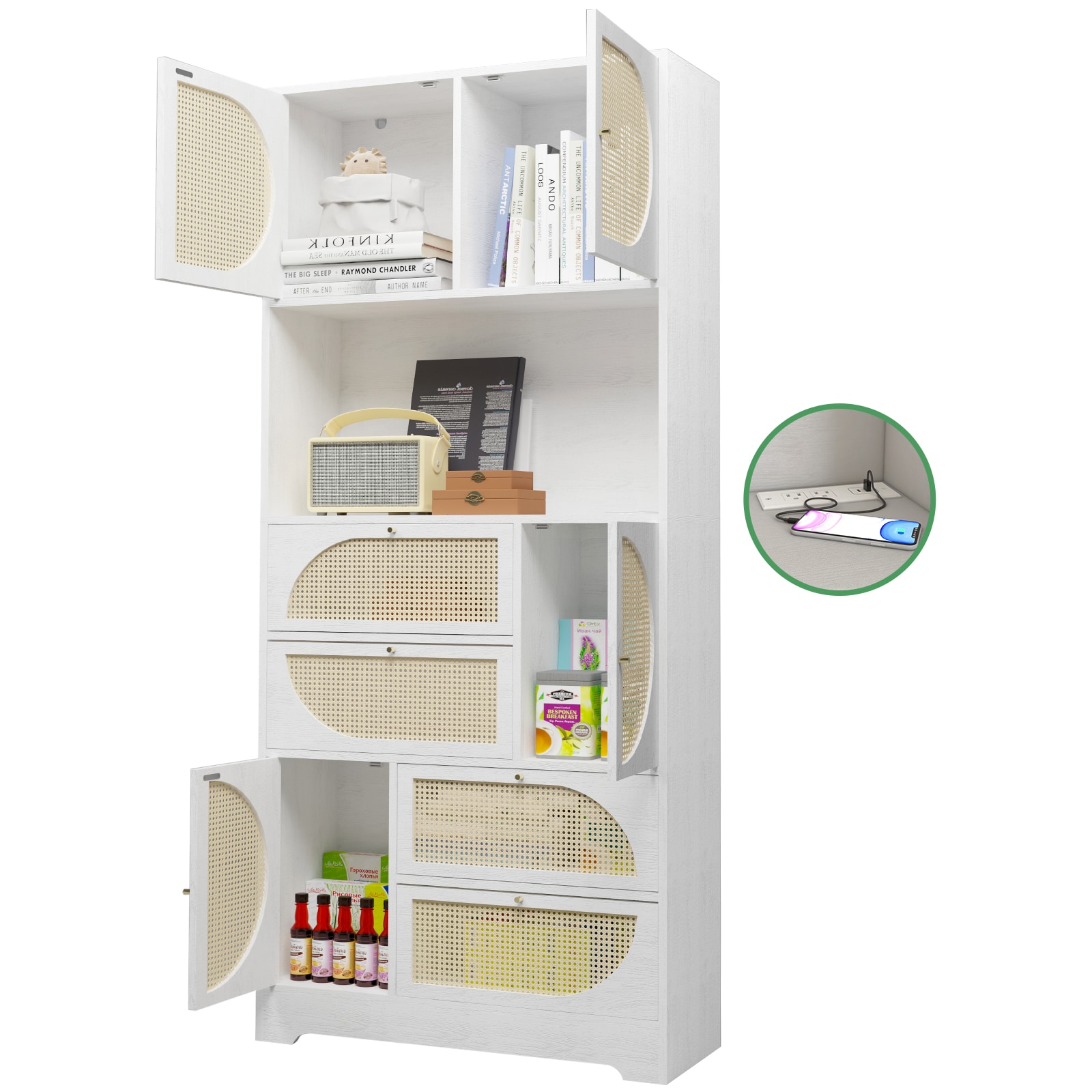 Storage Cabinet Rattan Doors Tall Hutch with Power Outlet 4 Doors 4 Drawers