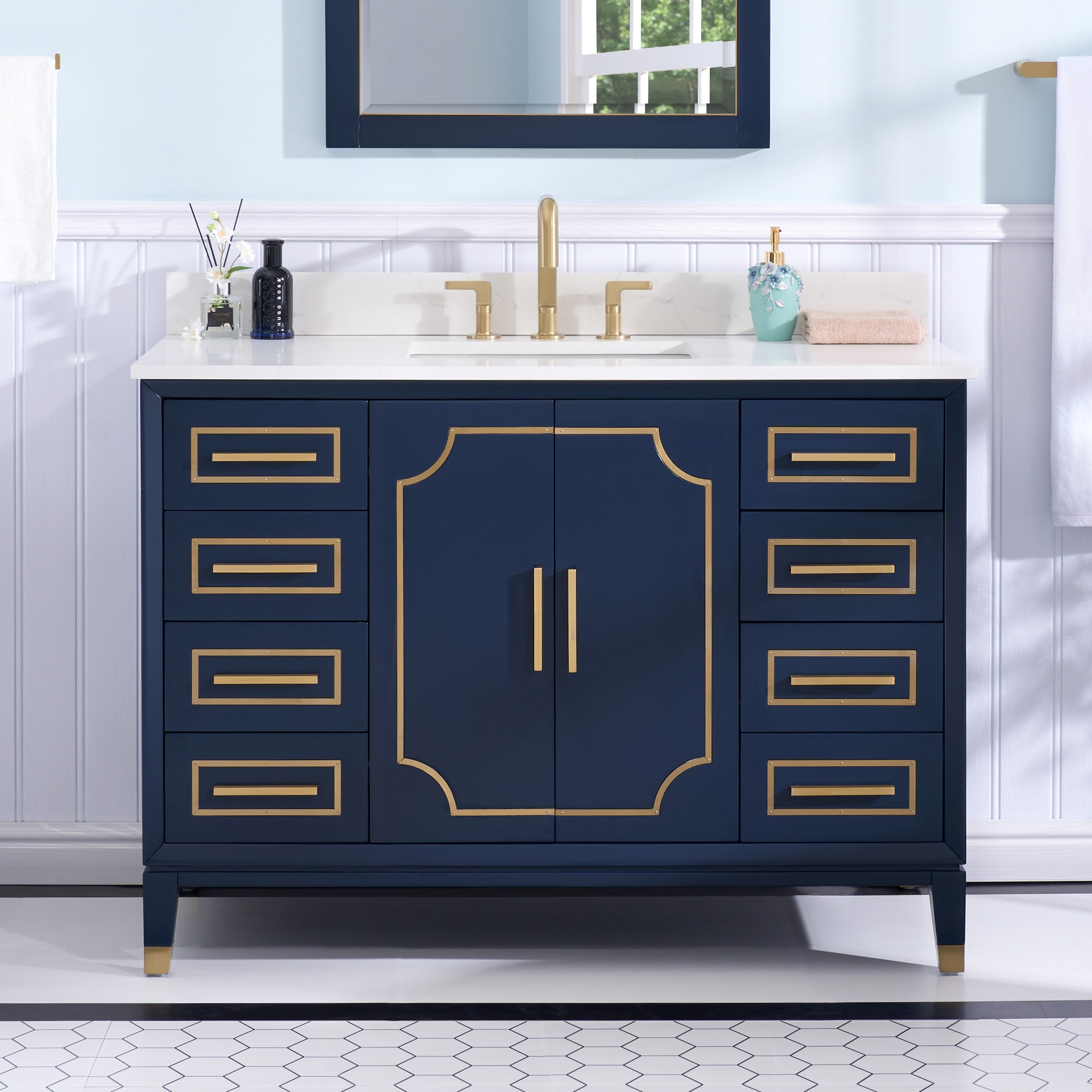 WELLFOR MELODY48QZ-NB MELODY Solid Wood Bathroom Vanity 48-in Navy Blue Undermount Single sink Bathroom Vanity with Carrera White Quartz Top