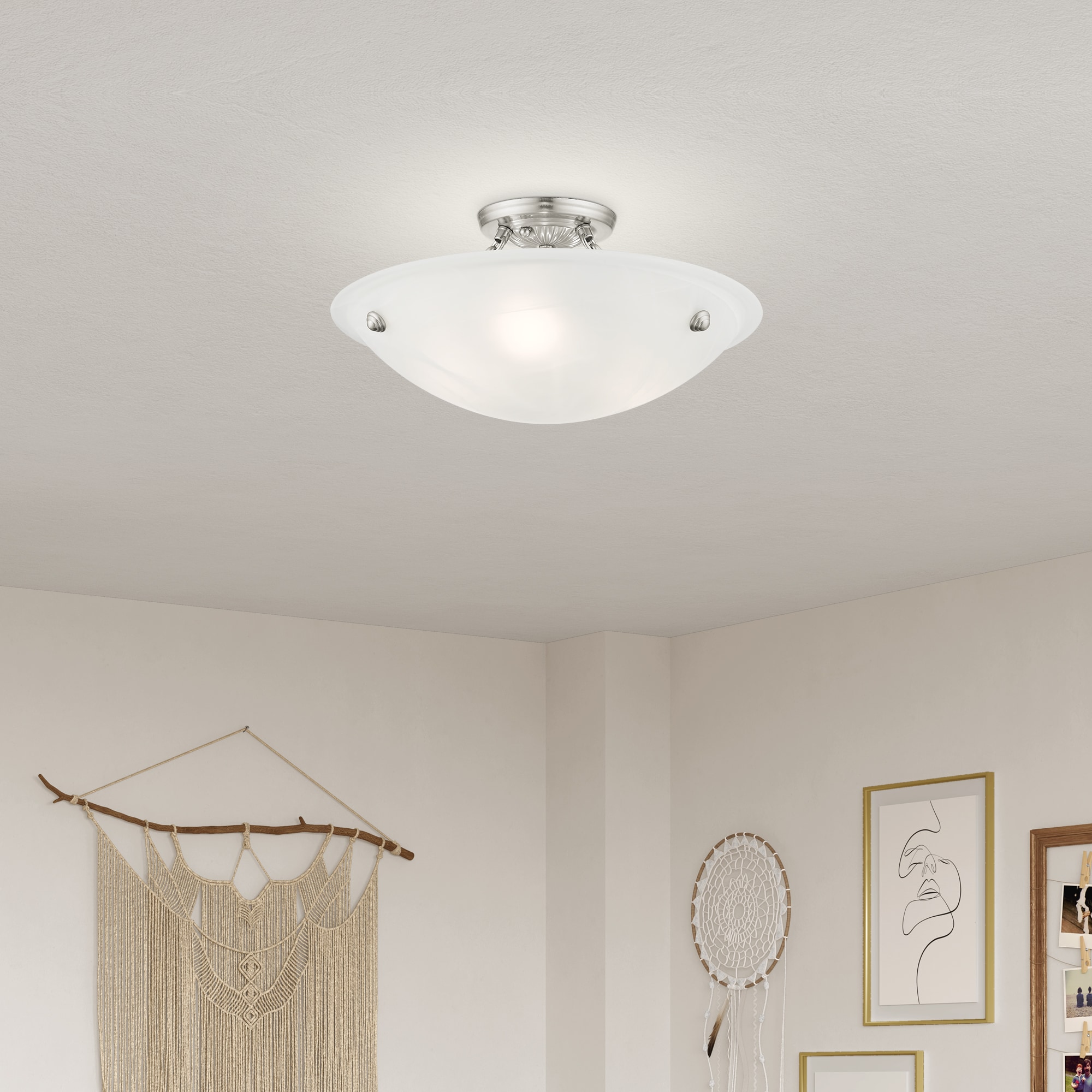 Oasis 16" Brushed Nickel 3-Light Semi Flush Mount with Alabaster Glass