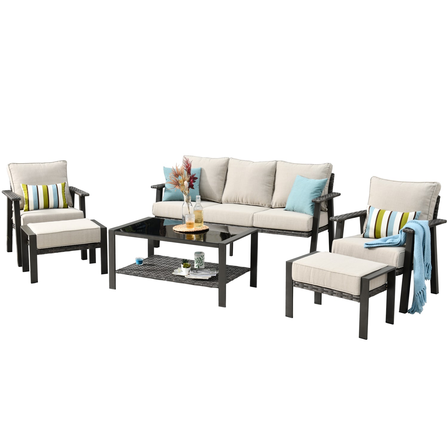 XIZZI XIHWE602 Taurus 6 -Piece Wicker Patio Sofa Conversation Set with Off-white Cushions