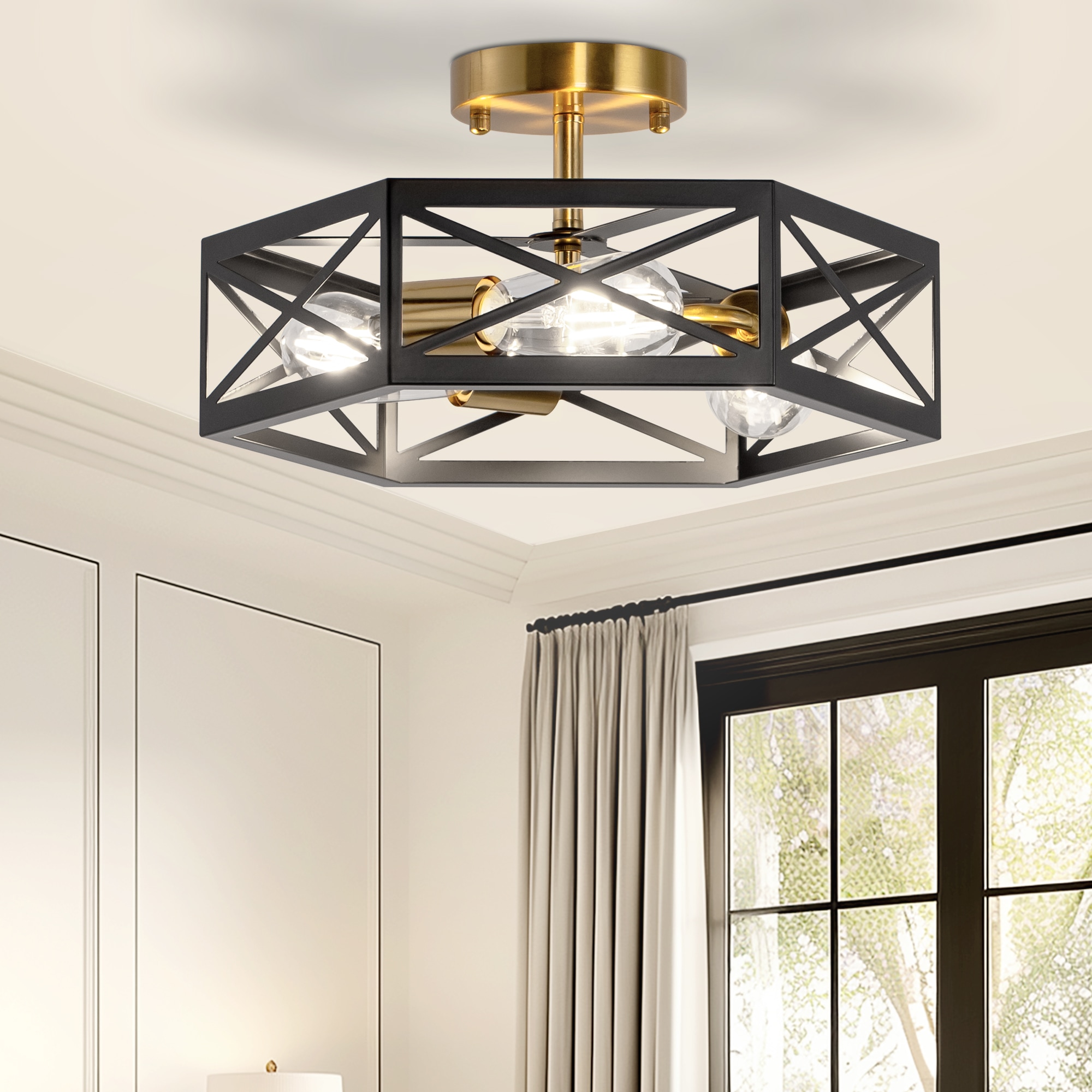 YANSUN LA-CX13001AGD-11 3 -Light 14.8-in Gold Semi Flush Mount Light