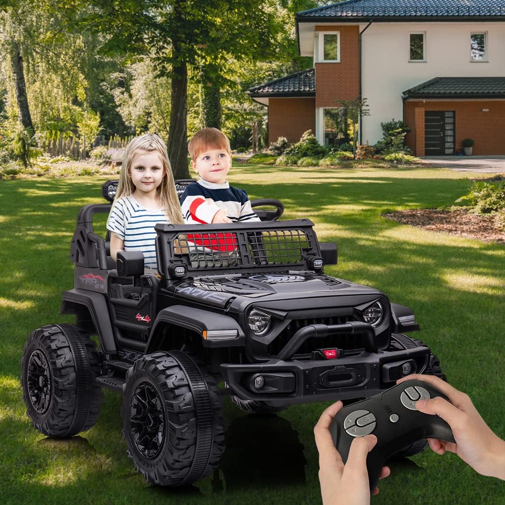 Qeetex GDXVNN00UMBQSC 24V 2 Seater Kids Ride On Toy Truck With Four 200W Motors Eva Tires Remote Control Bluetooth Music Led Searchlight Four Wheel Drive Four Point Five Miles Per Hour Max Speed Dual Driving Modes Safe And Fun For Ages Three Plus Black