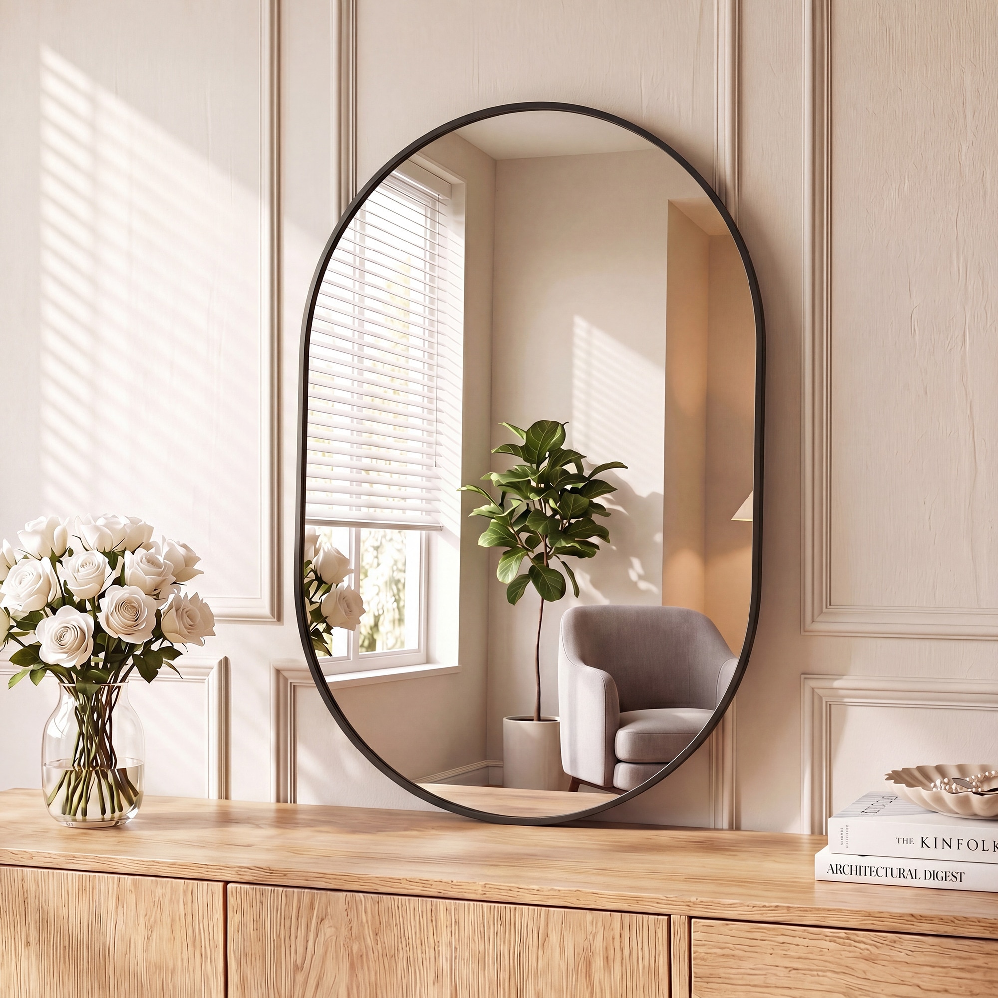 Sweetcrispy 20-in W x 30-in H Modern Oval Brushed Black Framed Wall Mirror #L-FM-BGJ5YTY-2030BK