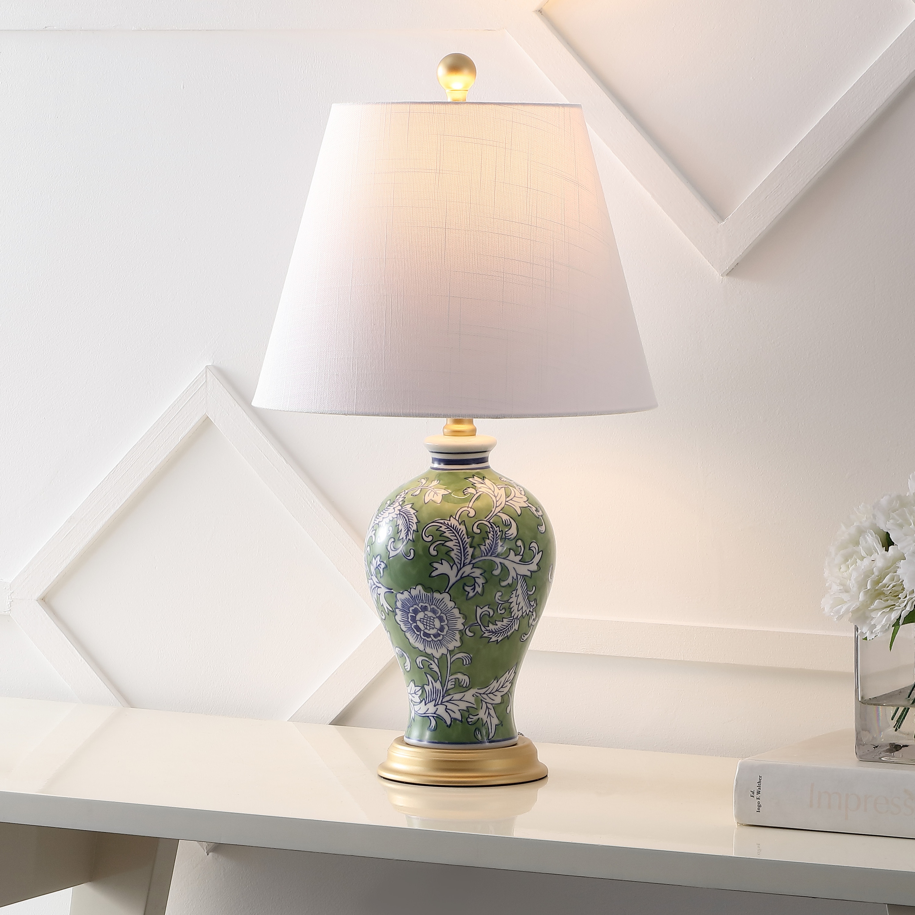 JONATHAN  Y JYL3009F Grace Chinoiserie Floral Urn Ceramic/Iron 24-in Green/White LED Rotary socket Table Lamp with Linen Shade