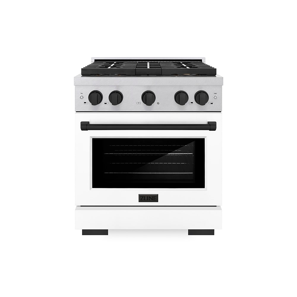 ZLINE KITCHEN & BATH PSDRSZ-WM-30-MB Paramount 30-in Deep recessed 4 burners Convection Oven Freestanding Dual Fuel Range ( Satin Stainless Steel, White Matte Door, Matte Black Accents )