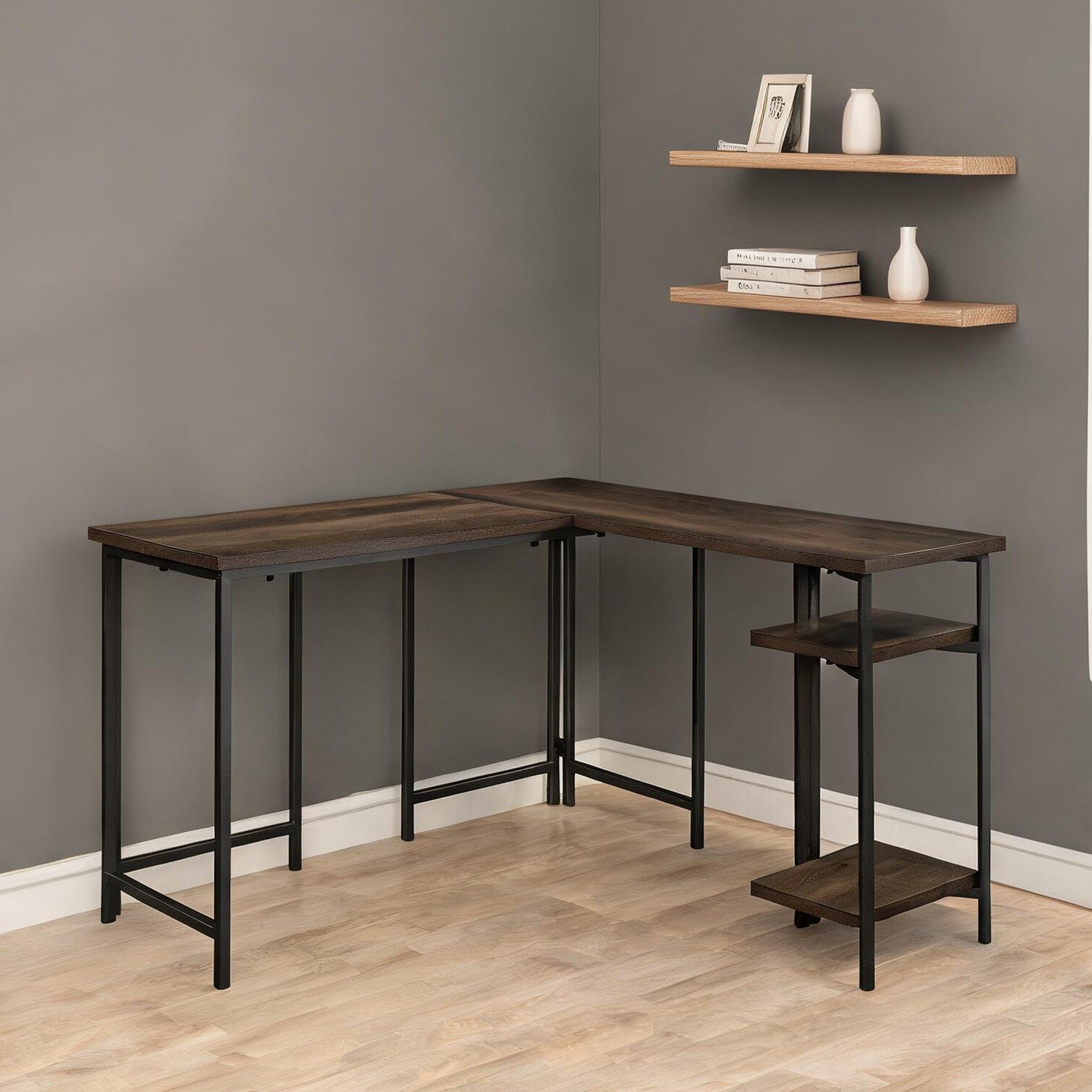 Watnature L-shaped computer desk in brown finish with hidden ...