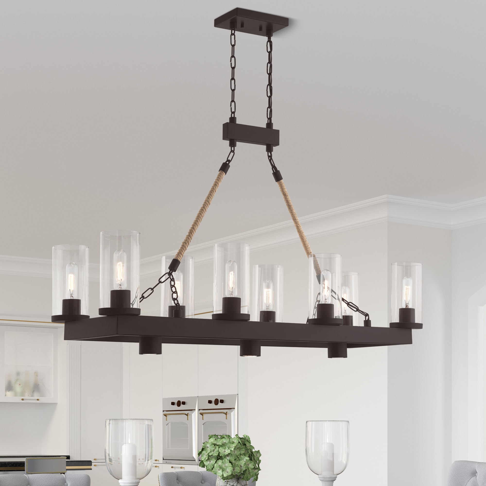 Metuchen Bronze Linear Chandelier with Clear Glass and Rope Detail, 11-Light