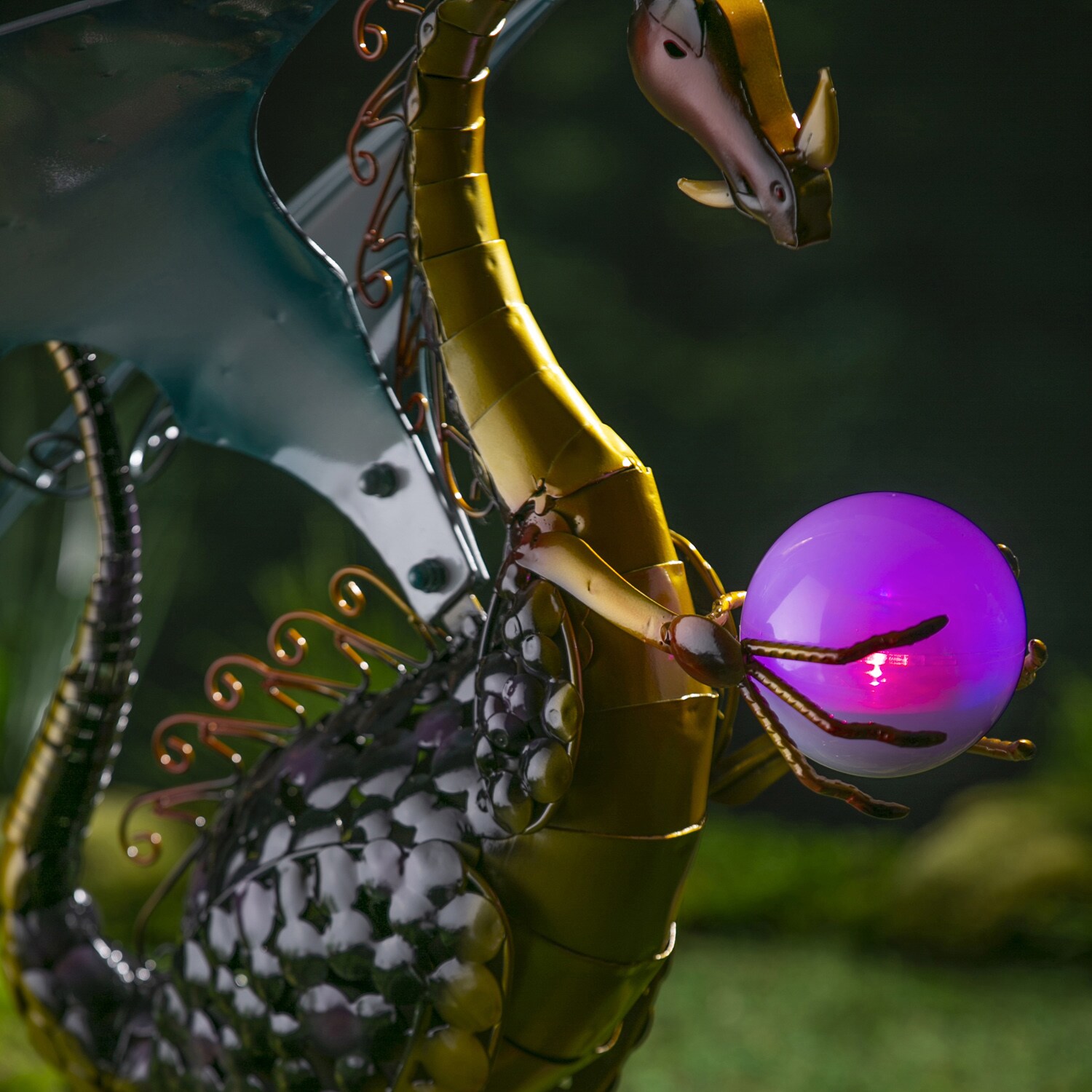 Majestic Black and Gold Metal Dragon Garden Statue with Solar Globe
