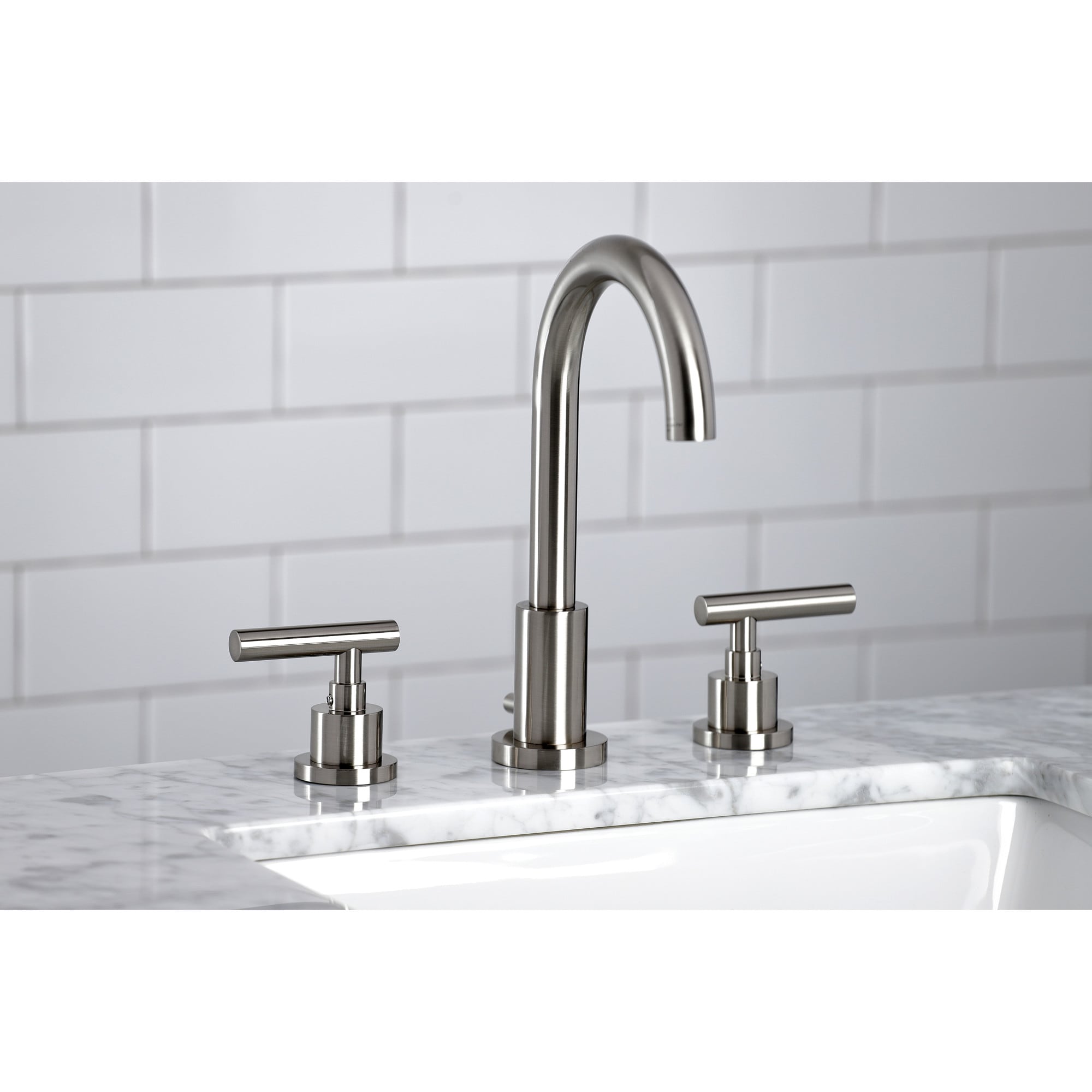 Kingston Brass WLFSC8928CML Manhattan Brushed nickel Widespread 2-handle High-arc Residential Handle Bathroom Sink Faucet with Drain