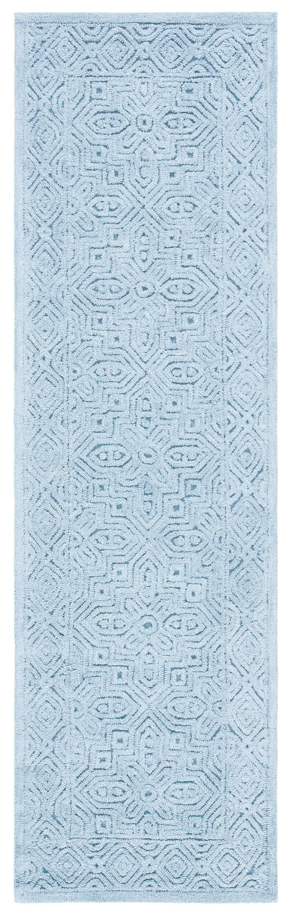 Hand-Tufted Geometric Blue Wool Runner Rug - 27in x 8in