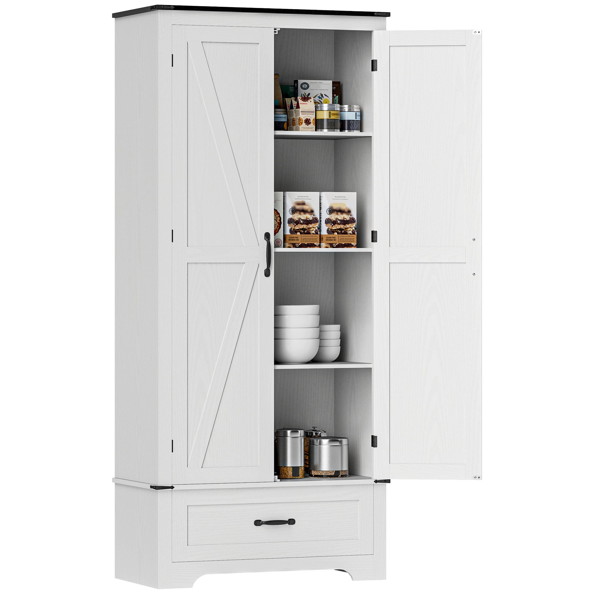 HomCom 838-504V80WT 72  Farmhouse Pantry Cabinet with Barn Doors  Tall Kitchen Pantry Storage Cabinet with Adjustable Shelves and Drawer  Distressed White