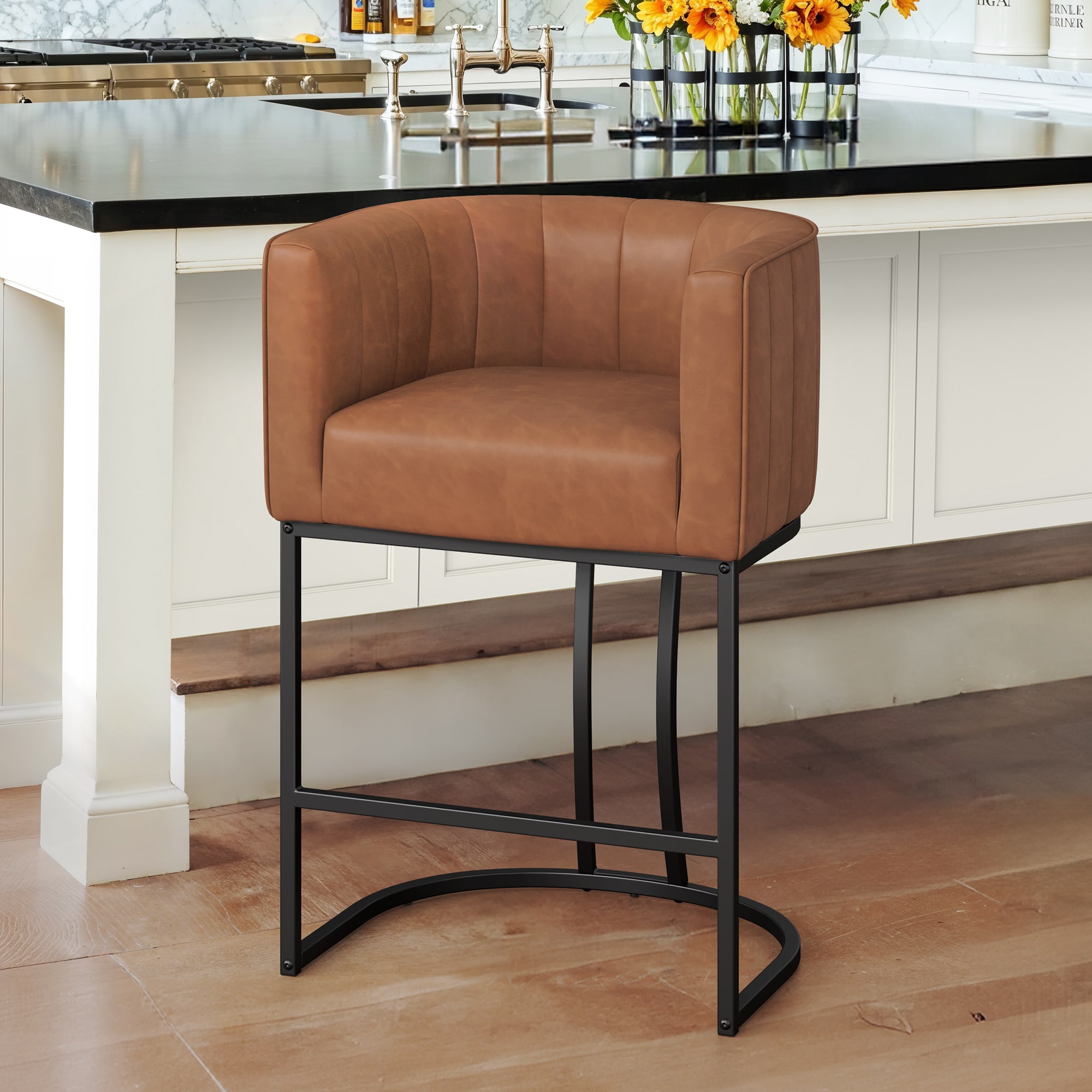 LUE BONA YB-145-04LS Brown/Faux Leather 26.4-in H Counter height (24-in to 27-in) Square Seat Upholstered Metal Back Bar Stool with Arms and Back