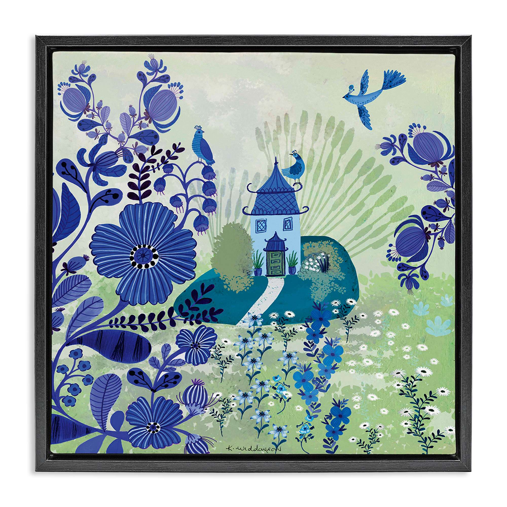 Stupell Industries BS-609-FFB-24X24 Whimsical Blue Garden Black Framed Floater Canvas Wall Art By Kay Widdowson 25 x 25