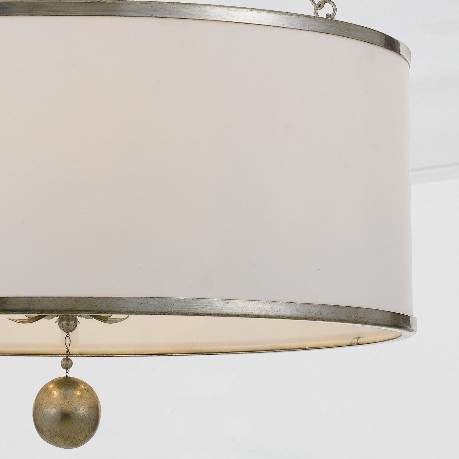 Elegant Antique Silver 6-Light Chandelier with White Silk Drum Shade