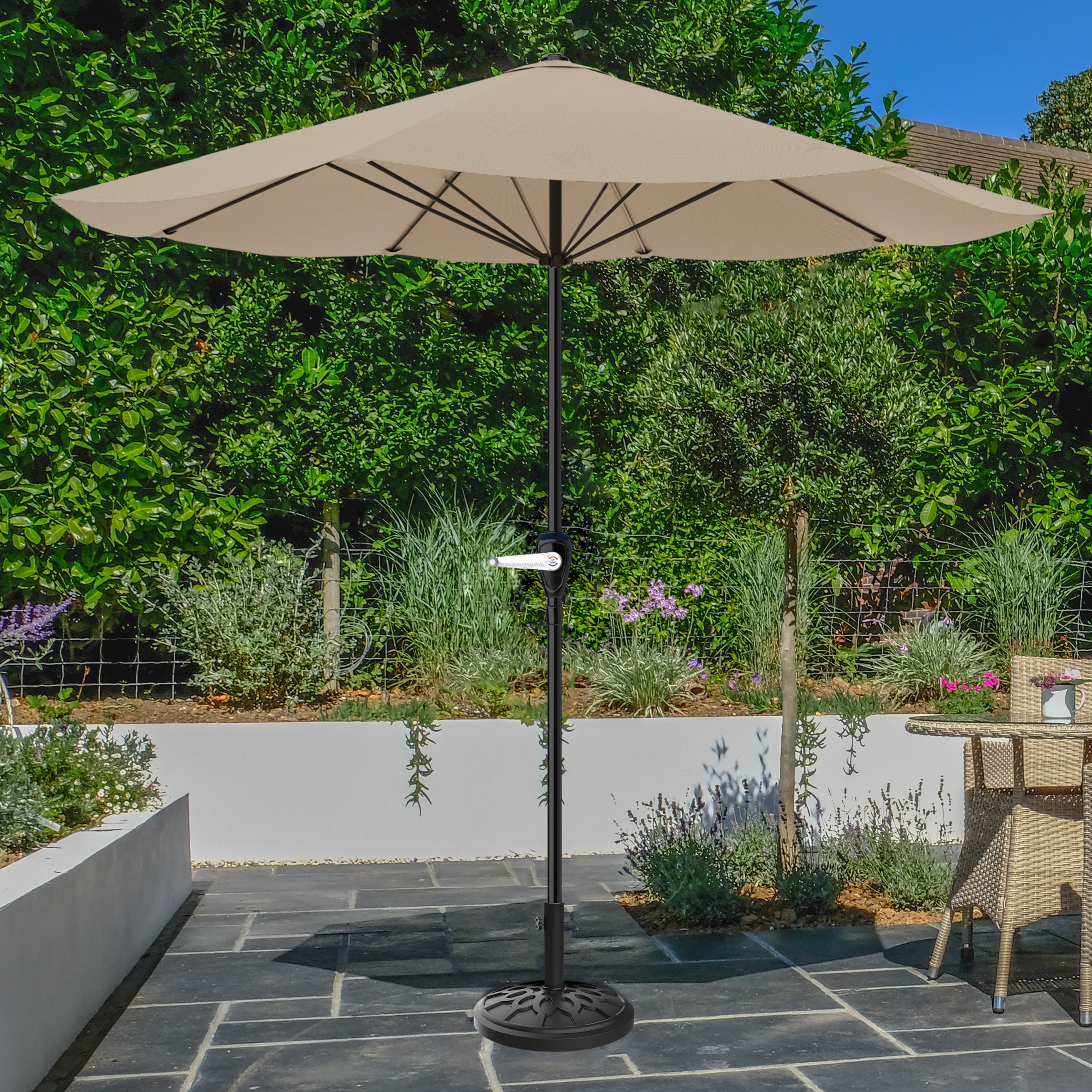 Pure Garden 50-LG1040B 9-ft Steel Tan No-tilt Market Patio Umbrella with Base