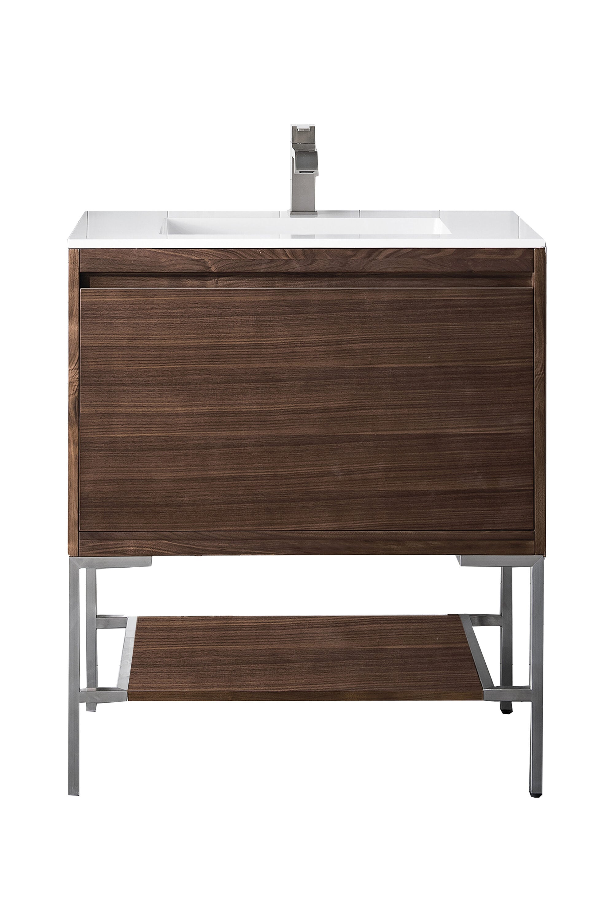 James Martin Vanities 805-V31.5-W-BN-GW Mantova 32-in Mid-century Walnut Single Sink Bathroom Vanity with Glossy White Engineered Stone Top